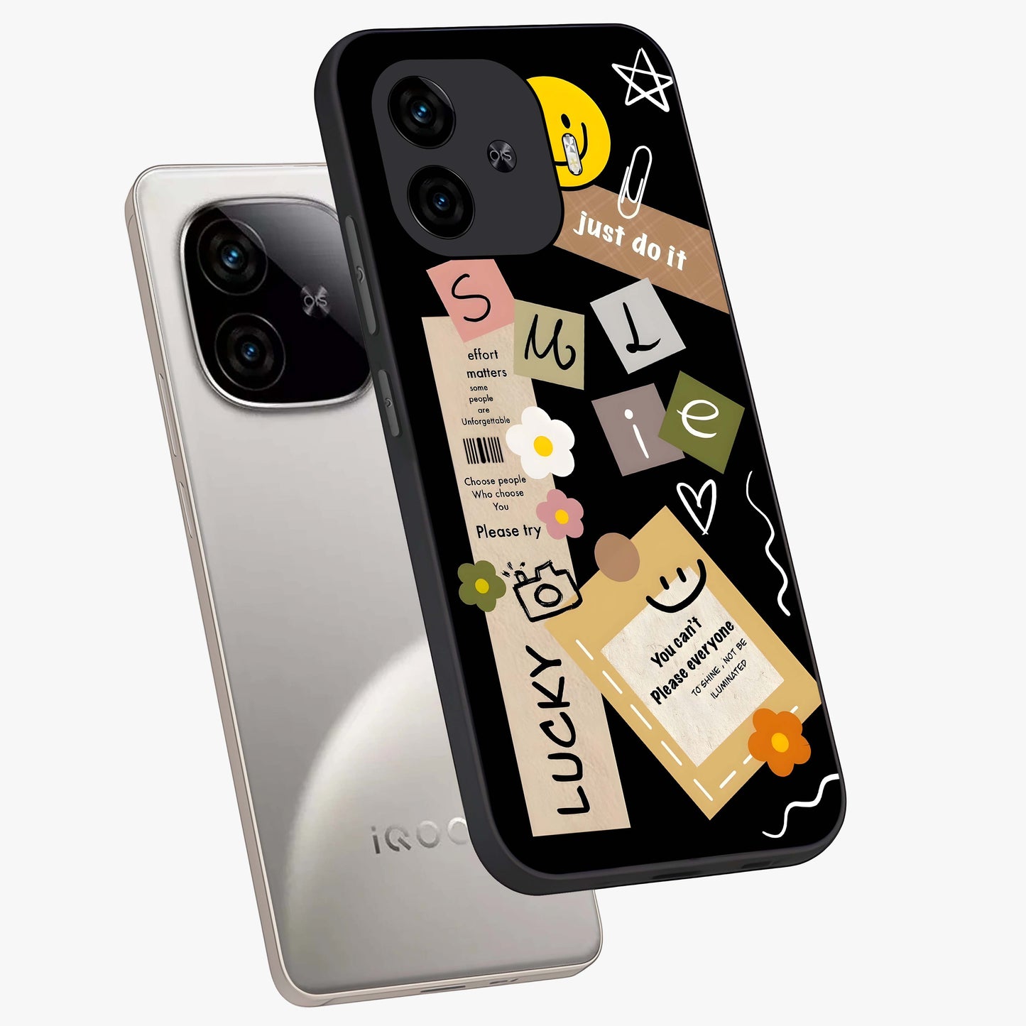 Lucky Aesthetic Collage Glass Case displayed in angled mockup highlighting stylish collage pattern with modern aesthetic vibe.