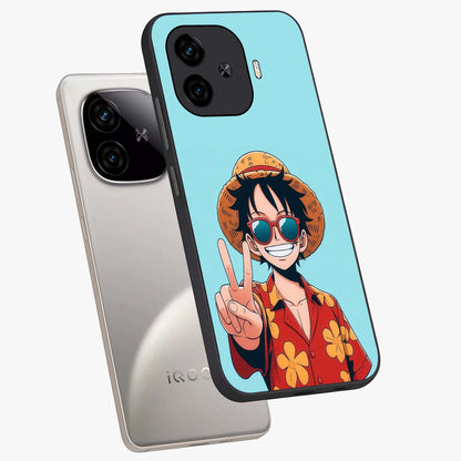 Luffy Summer Anime Vibe Glass Case displayed in angled mockup highlighting energetic anime illustration with summer vibe aesthetic.