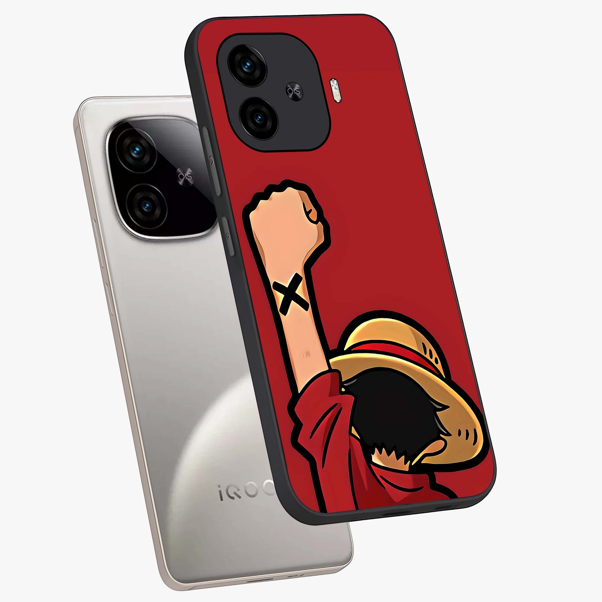 Luffy X Spirit Glass Case displayed in angled mockup highlighting powerful anime design with energetic action aesthetic.