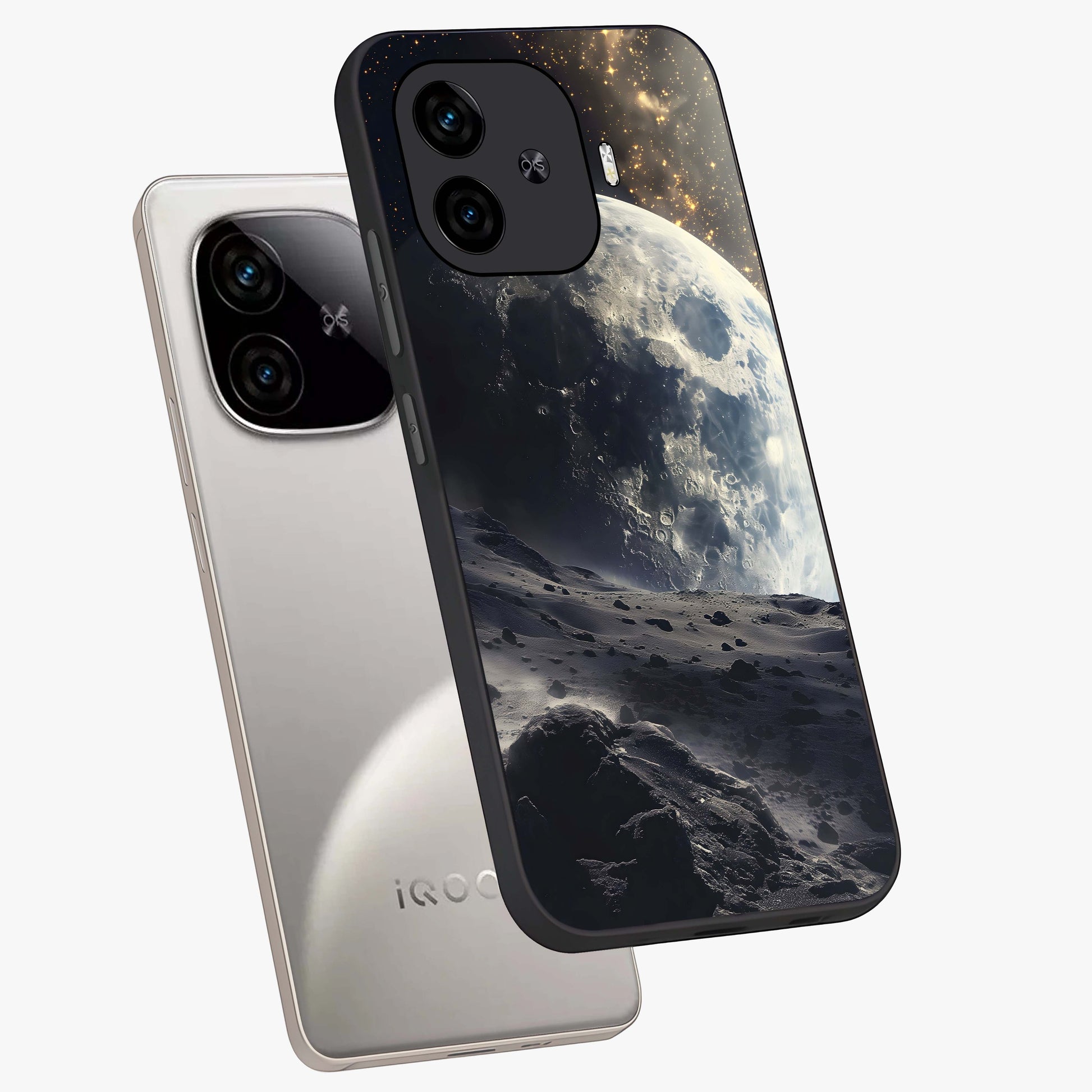 Lunar Horizon Glow Glass Case displayed in angled mockup highlighting celestial moon design with dreamy night aesthetic.