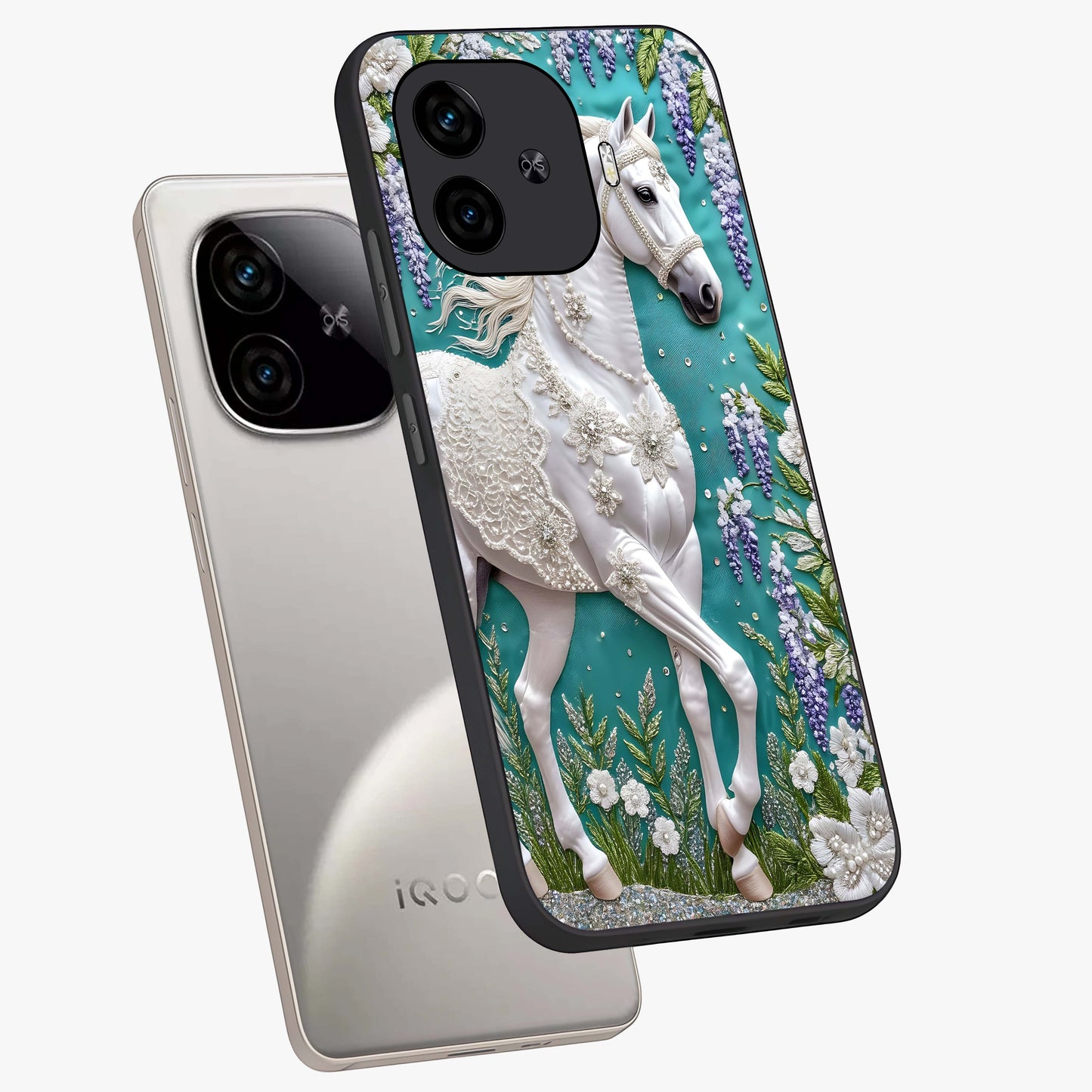 Majestic Floral Stallion Glass Case displayed in angled mockup highlighting majestic stallion illustration with elegant floral aesthetic.