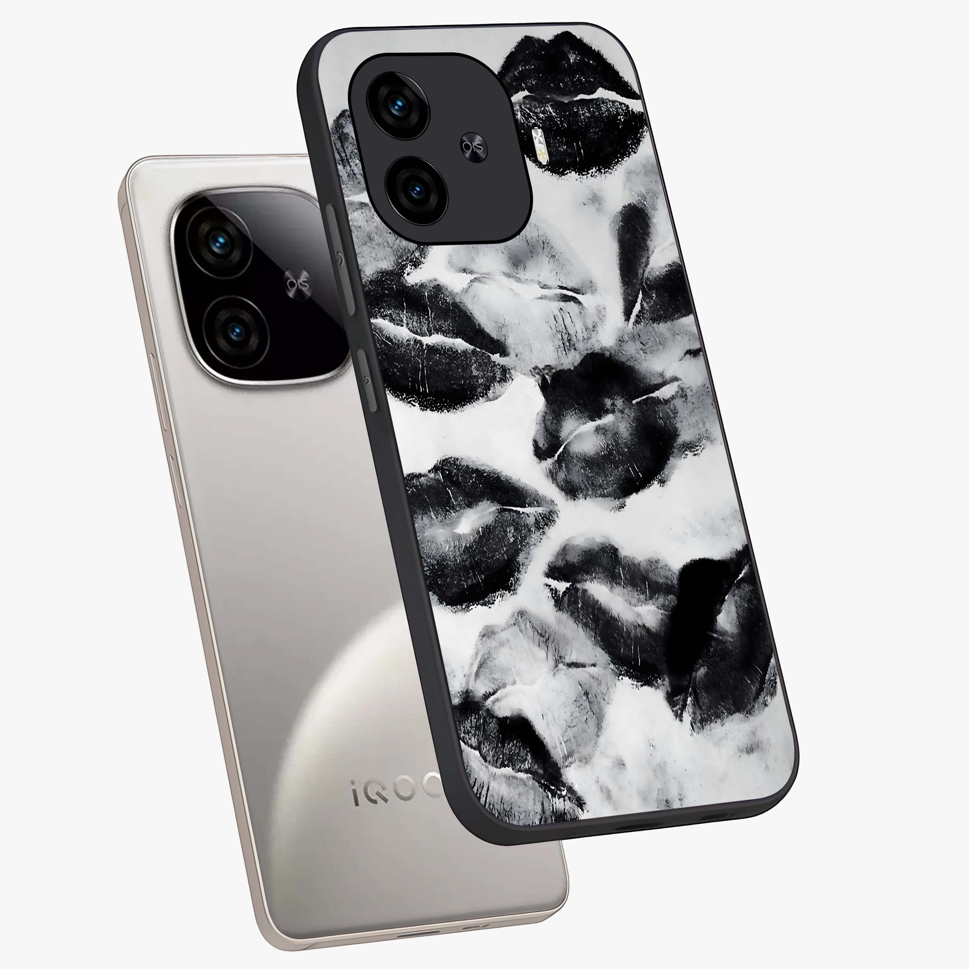 Midnight Kiss Marks Glass Case displayed in angled mockup highlighting playful romantic design with bold midnight aesthetic.