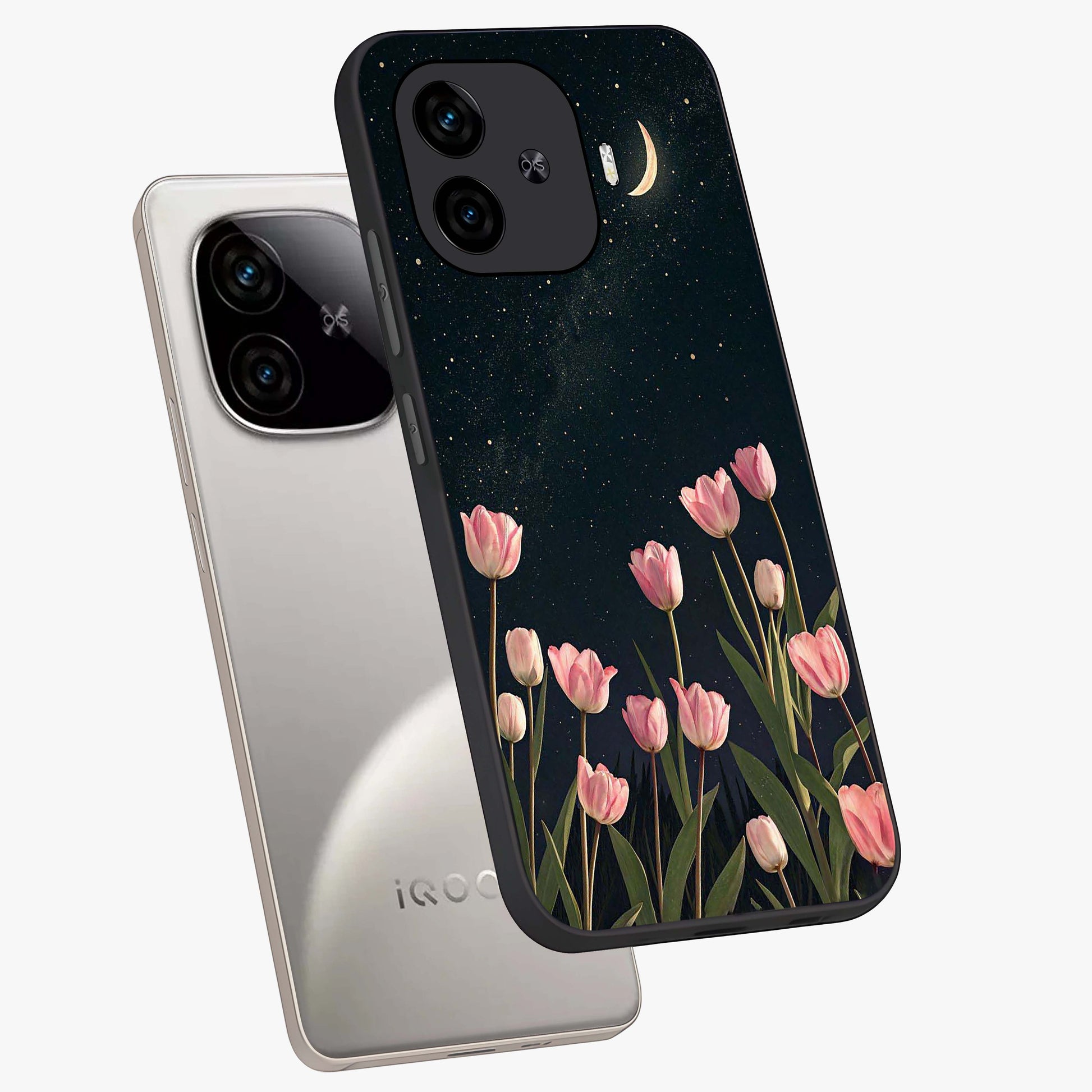 Midnight Tulip Whispers Vibe Glass Case displayed in angled mockup highlighting delicate tulip design with midnight floral aesthetic.
