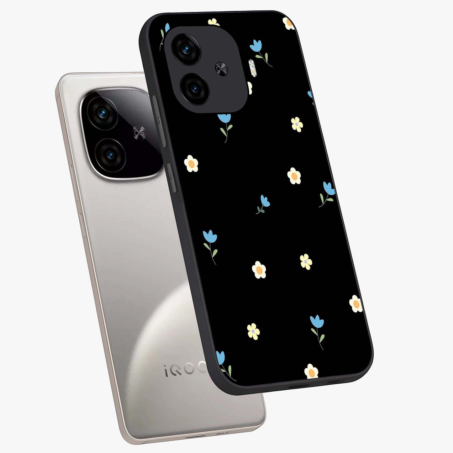 Minimal Petal Whispers Glass Case displayed in angled mockup highlighting delicate petal design with clean minimal aesthetic.