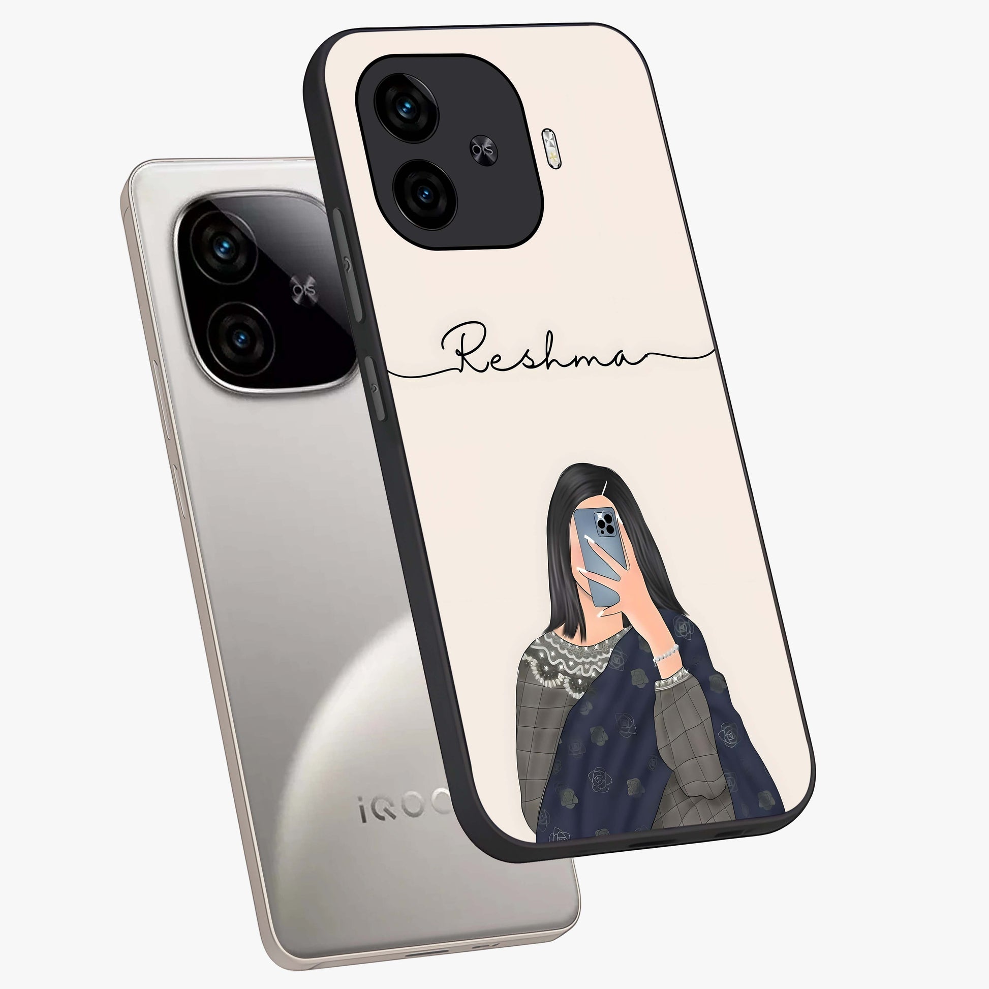 Mirror Mood Muse With Custom Name Glass Case displayed in angled mockup highlighting aesthetic mirror inspired design with custom name feature.