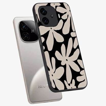 Monochrome Petal Dance Glass Case displayed in angled mockup highlighting elegant petal design with black and white aesthetic.