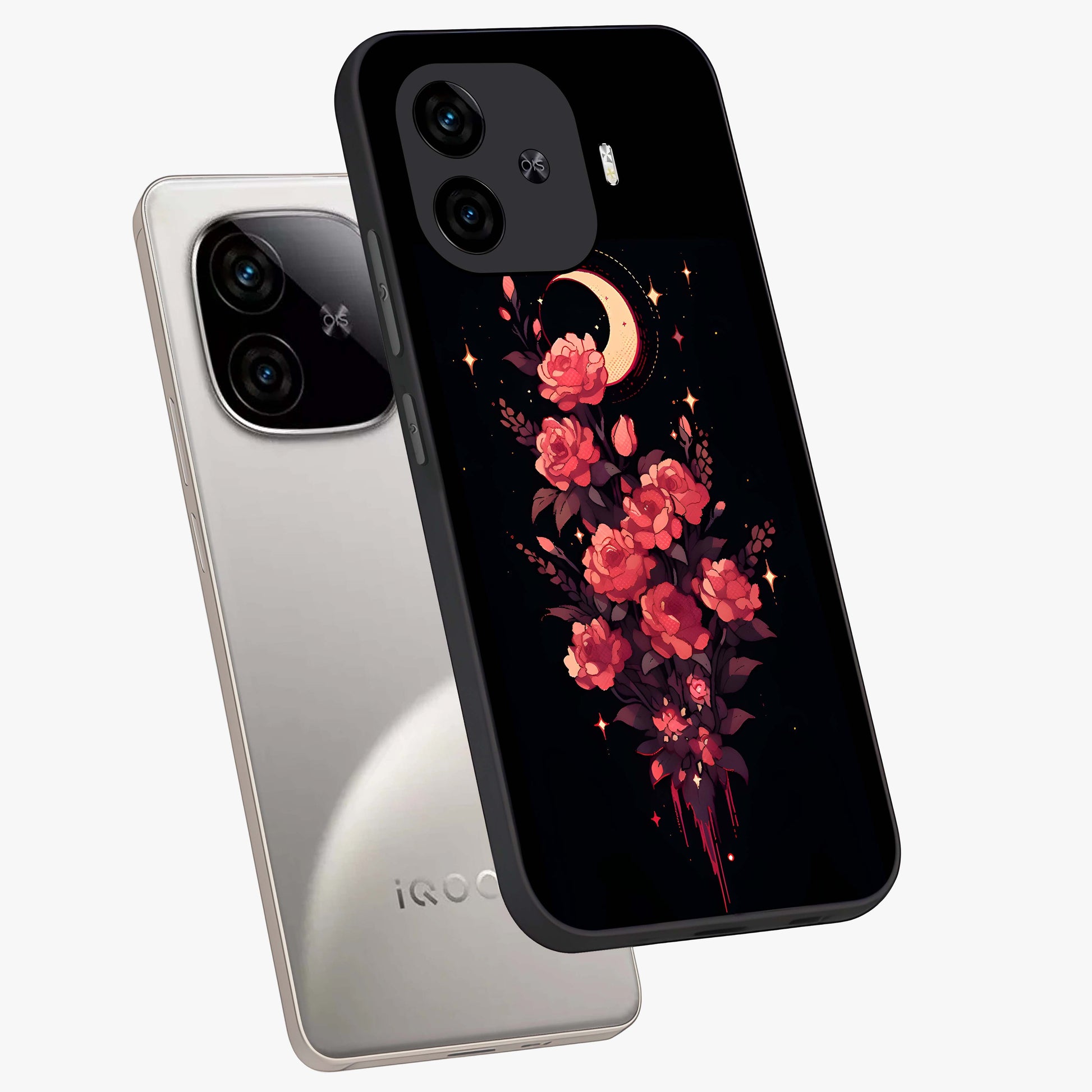 Moonlit Floral Elegance Glass Case displayed in angled mockup highlighting graceful flower design with soft moonlight aesthetic.