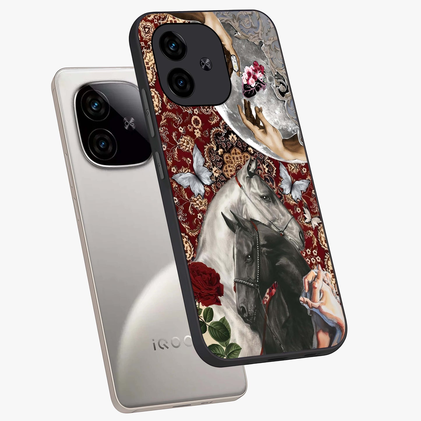 Moonlit Royal Stallion Glass Case displayed in angled mockup highlighting powerful stallion illustration with royal night aesthetic.