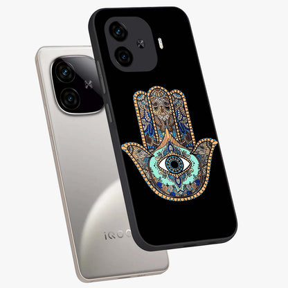 Mystic Hamsa Eye Glass Case displayed in angled mockup highlighting spiritual hamsa symbol with mystical aesthetic style.
