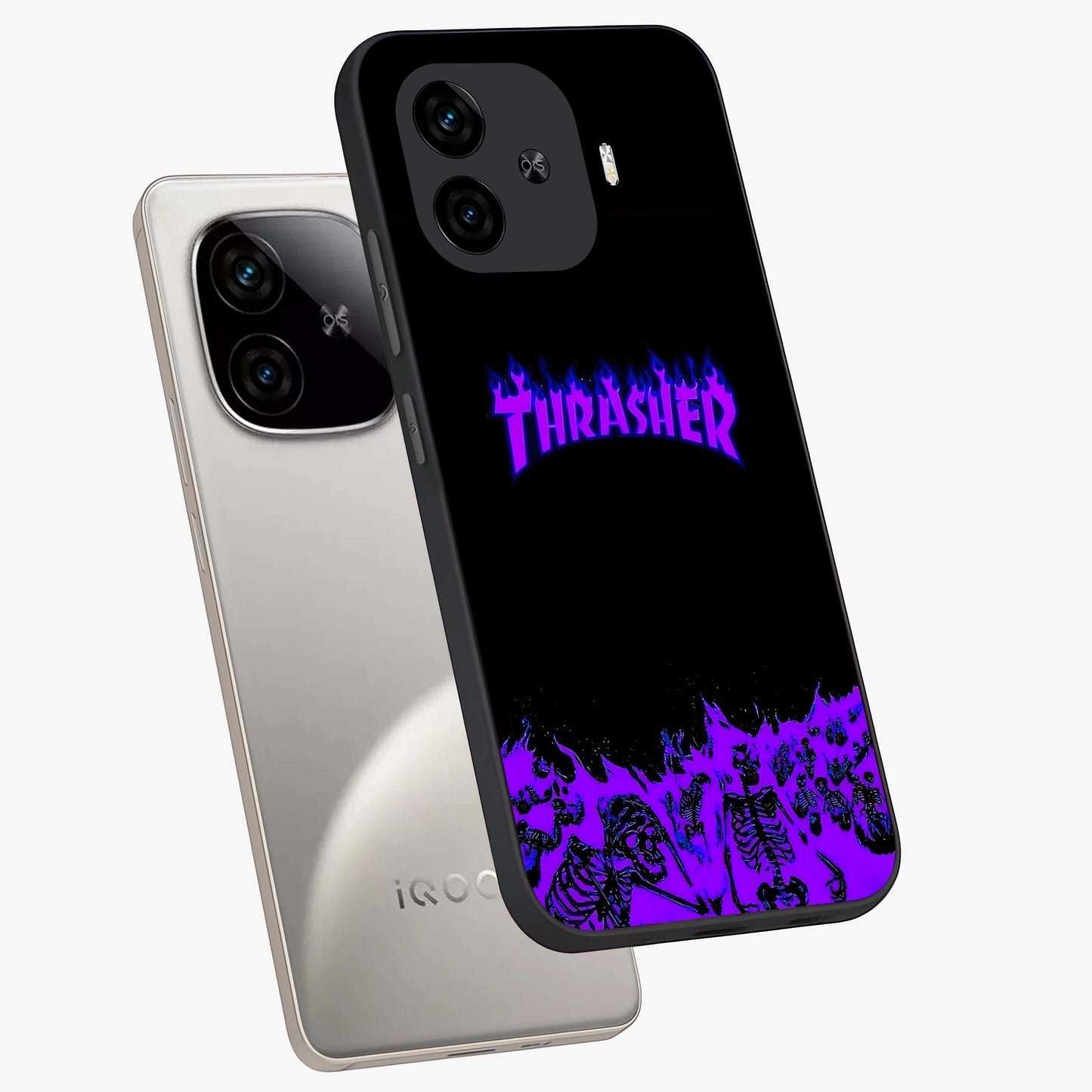Neon Flame Riot Glass Case displayed in angled mockup highlighting glowing flame design with vibrant neon aesthetic.