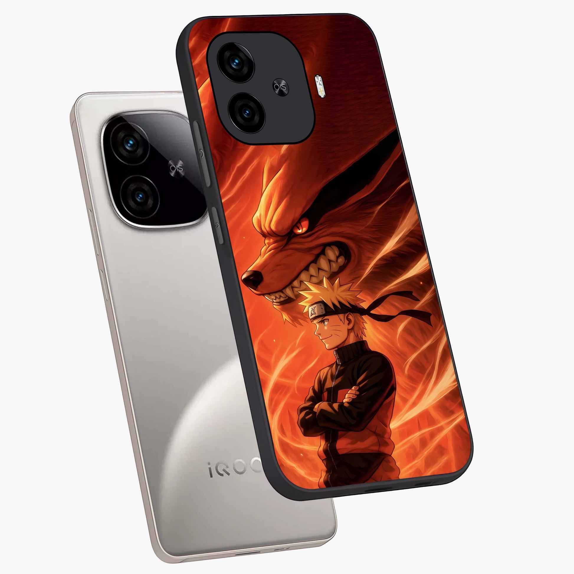 Nine Tails Legacy Glass Case displayed in angled mockup highlighting dynamic anime beast illustration with bold mystical aesthetic.