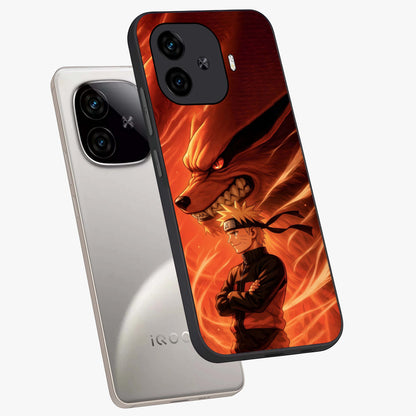 Nine Tails Legacy Glass Case displayed in angled mockup highlighting dynamic anime beast illustration with bold mystical aesthetic.