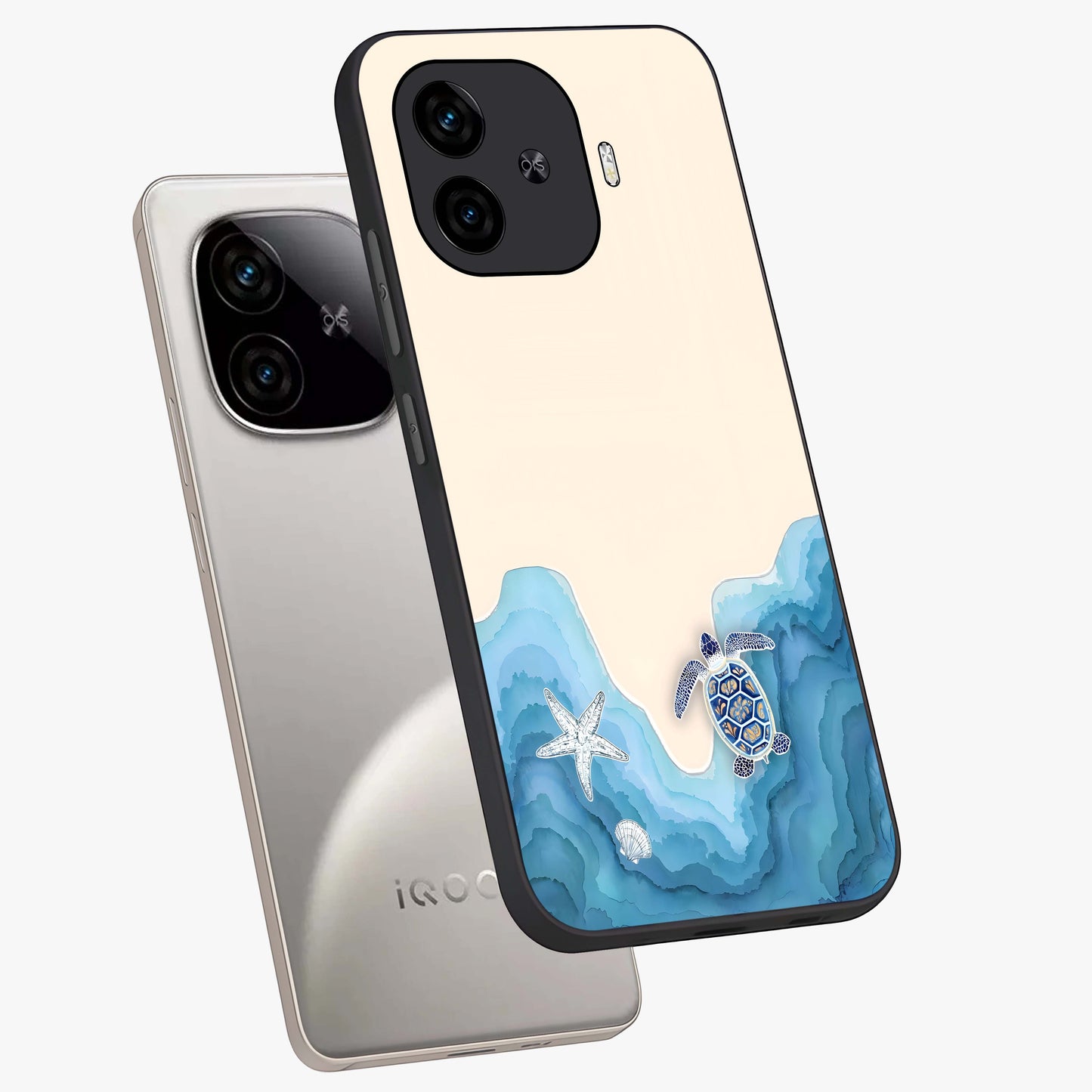 Ocean Drift Turtle Glass Case displayed in angled mockup highlighting peaceful ocean turtle illustration with marine aesthetic.