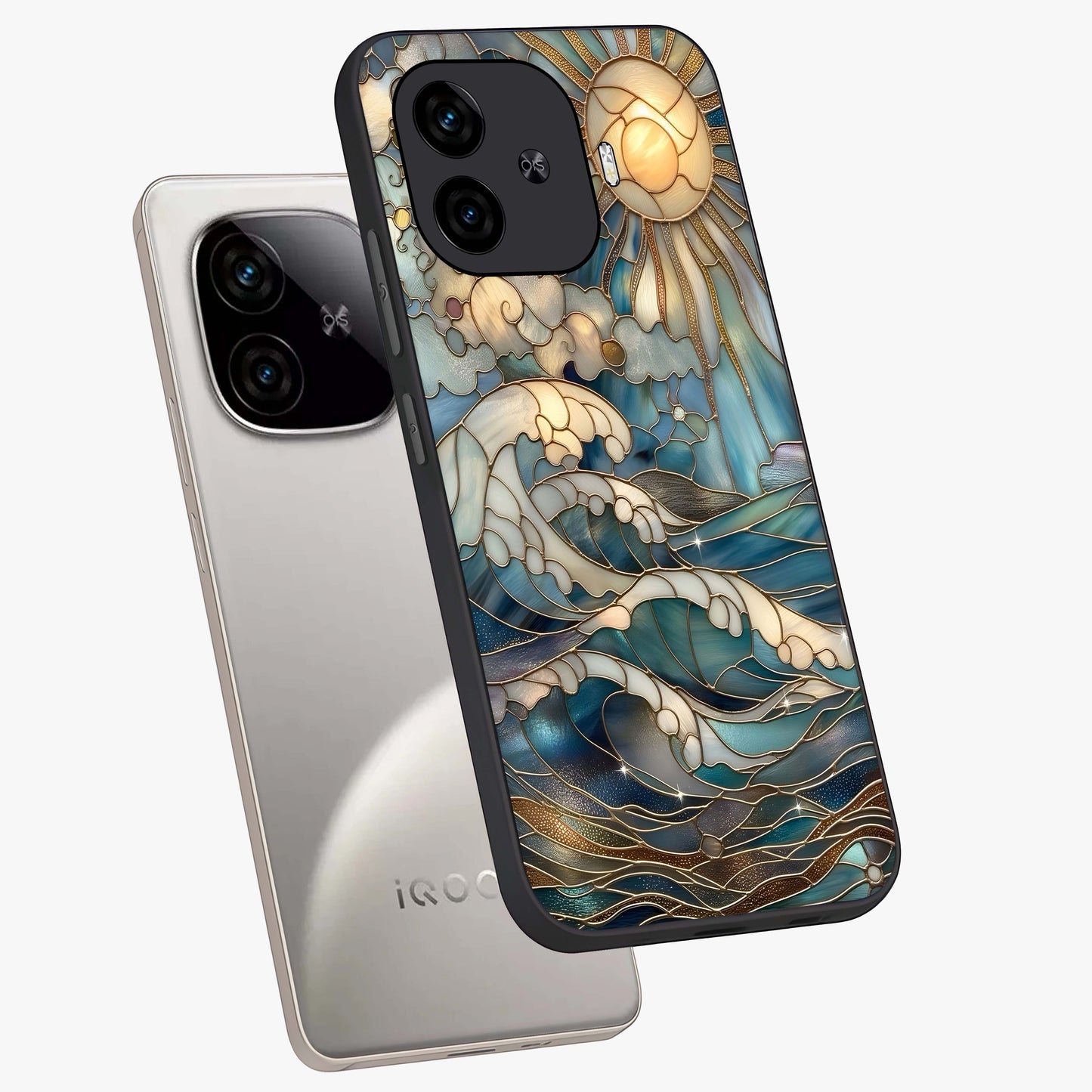 Oceanic Stained Printed Glass Case displayed in angled mockup highlighting colorful aquatic design with artistic aesthetic style.