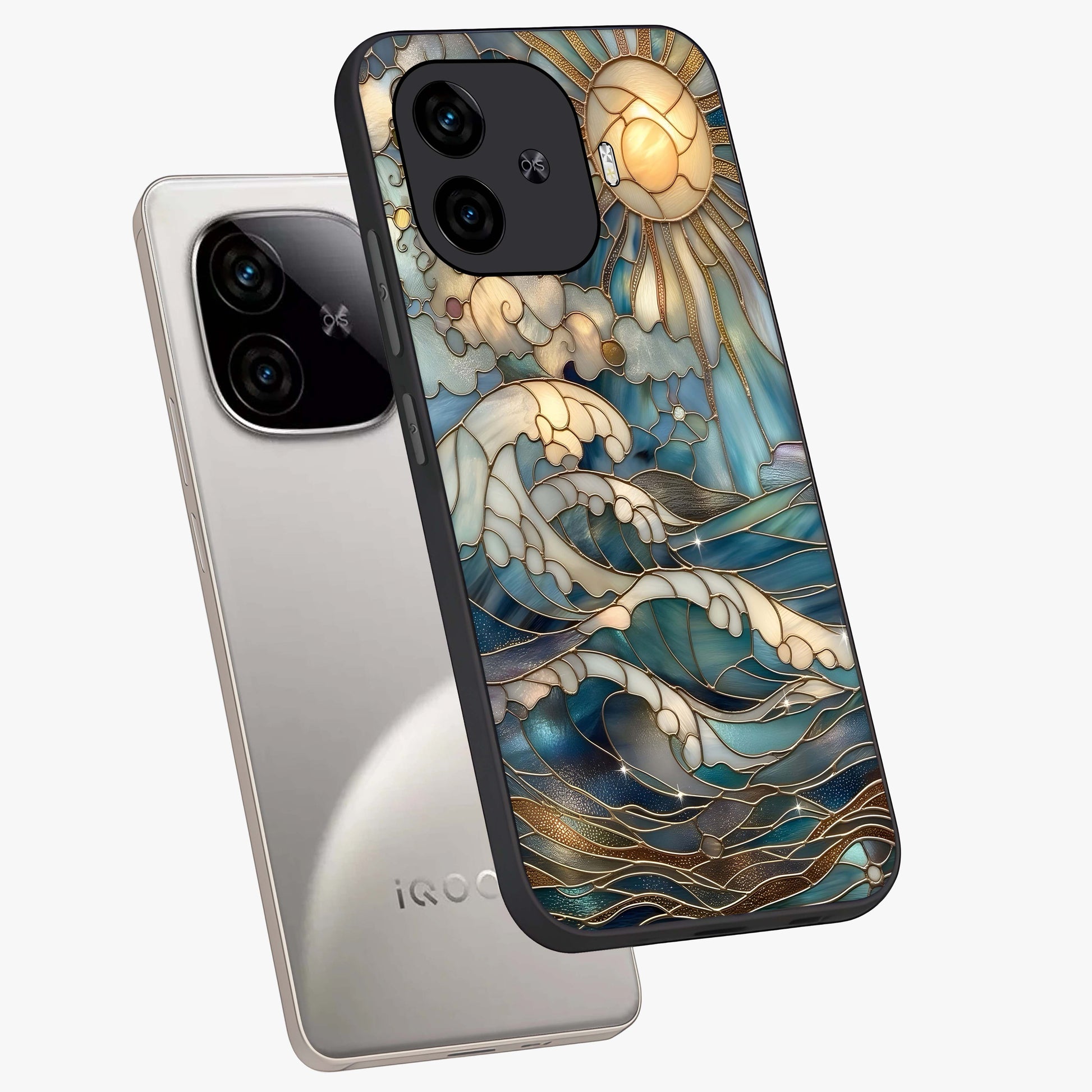 Oceanic Stained Printed Glass Case displayed in angled mockup highlighting colorful aquatic design with artistic aesthetic style.