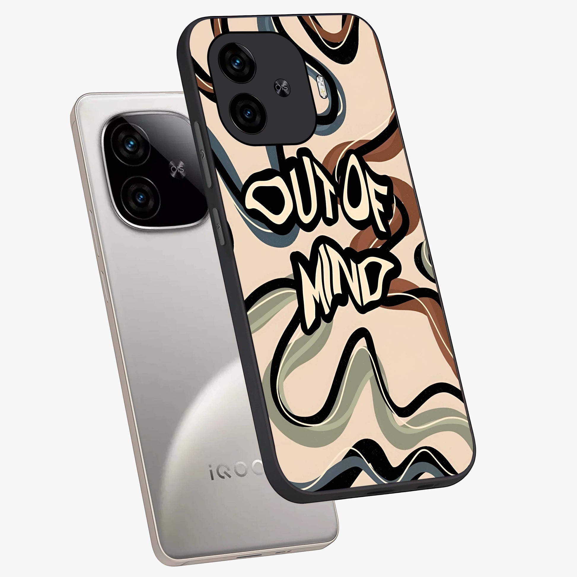 Out Of Mind Glass Case displayed in angled mockup highlighting bold statement design with modern artistic aesthetic.