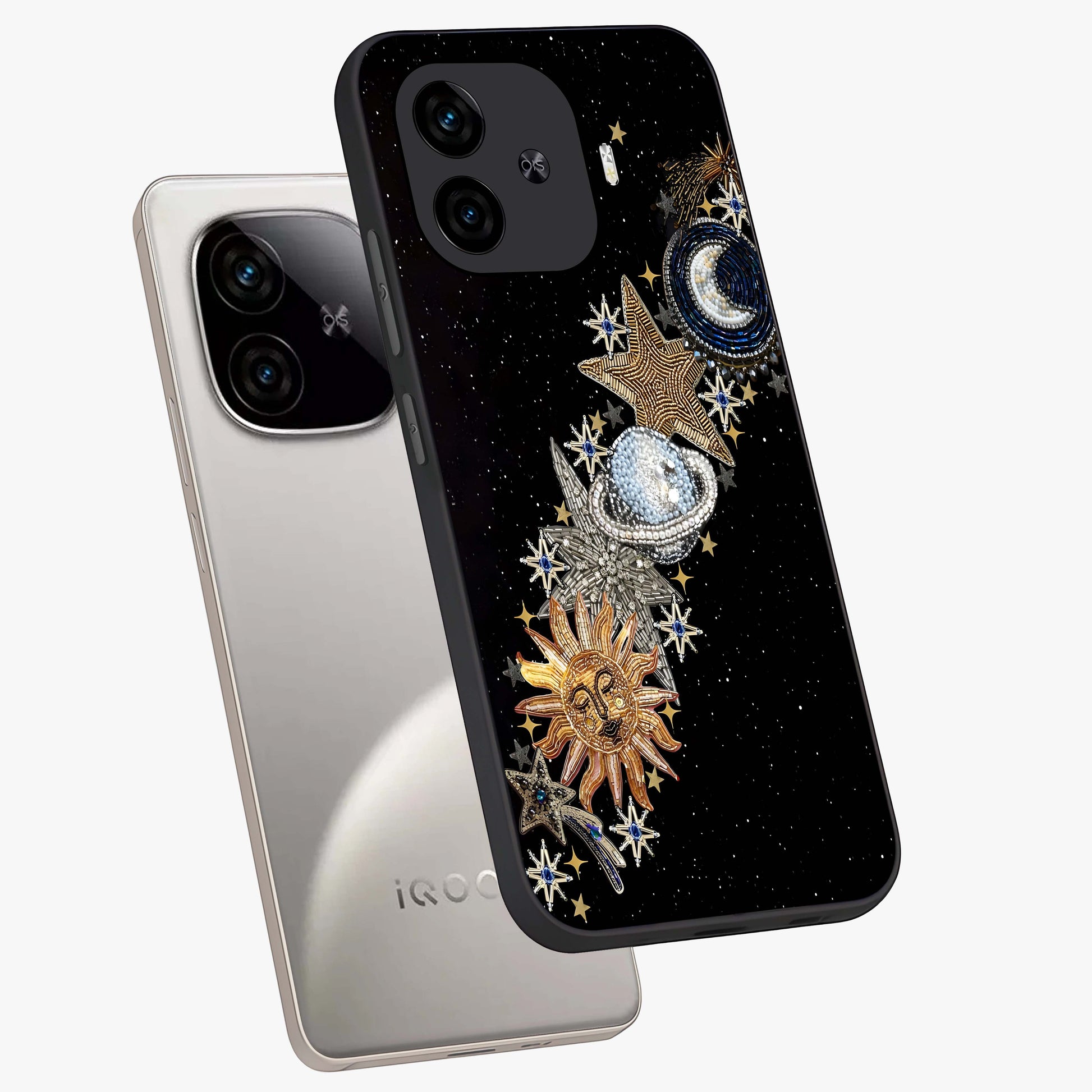 Pearls Universe Object Glass Case displayed in angled mockup highlighting celestial pearl design with dreamy aesthetic.