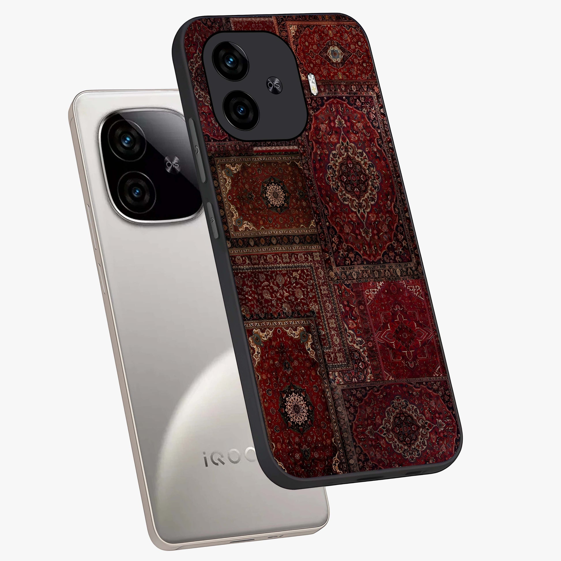 Persian Velvet Tale Glass Case displayed in angled mockup highlighting ornate textile inspired design with royal aesthetic.