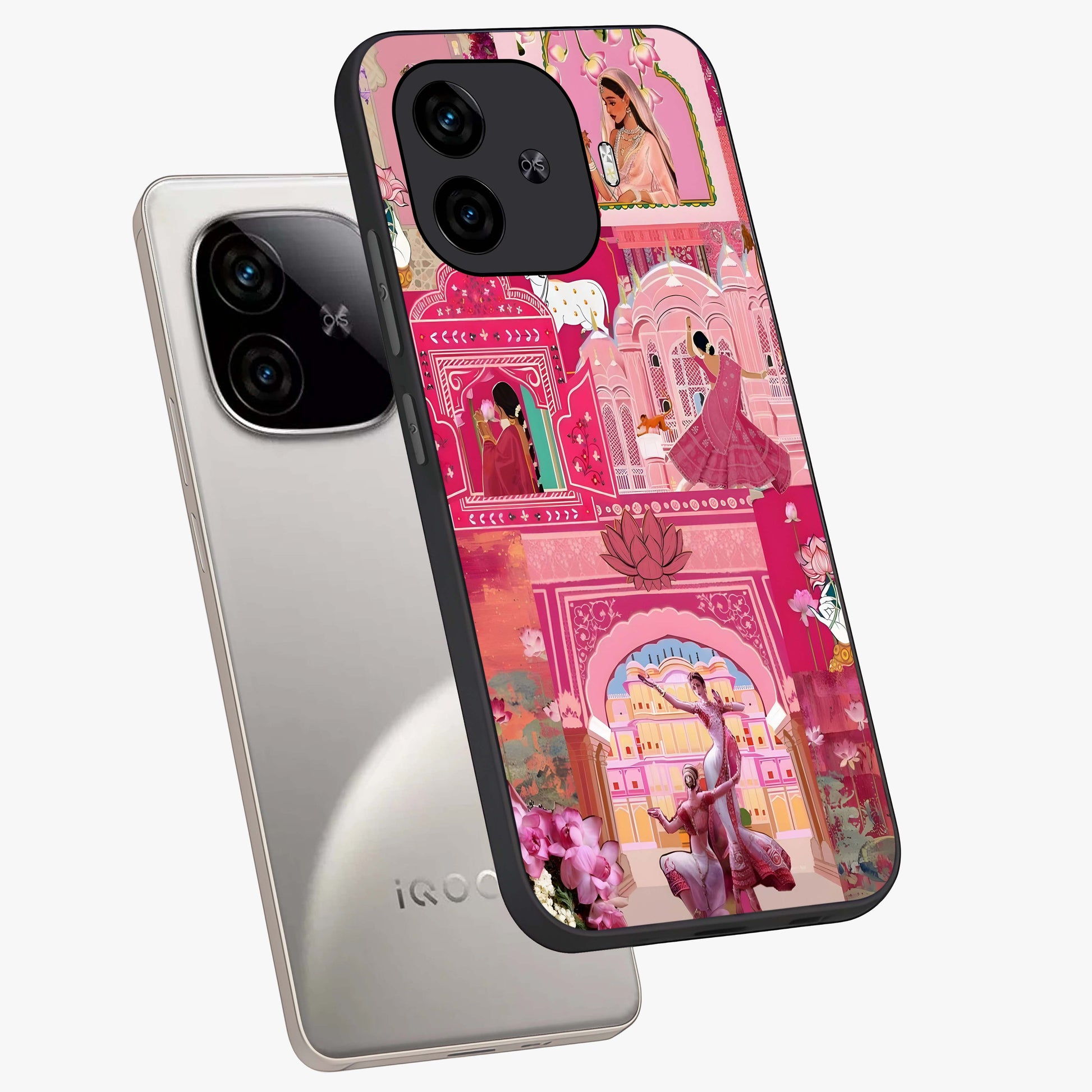 Pink Palace Muse Glass Case displayed in angled mockup highlighting dreamy palace illustration with soft pink aesthetic.