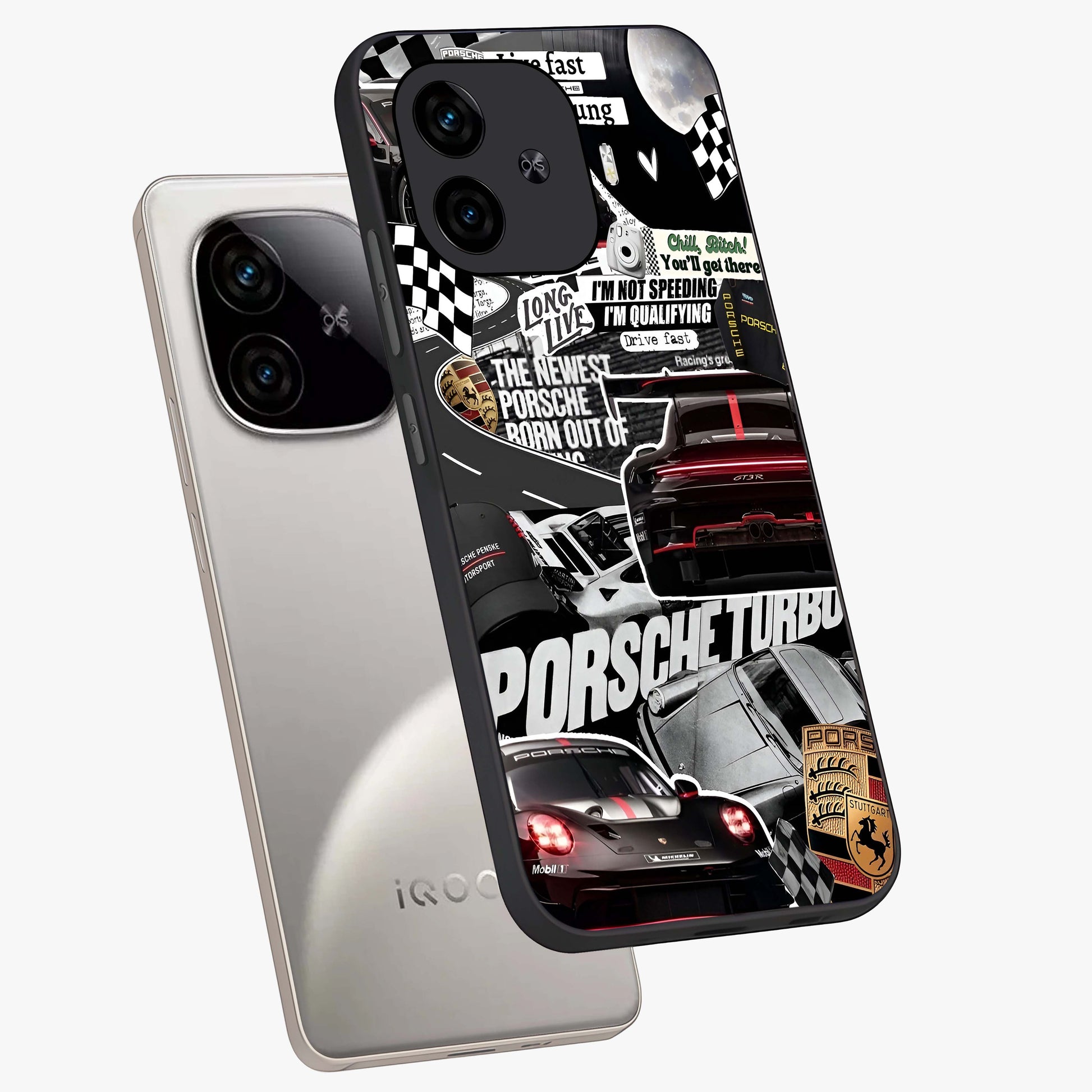 Porsche Racing Collage Glass Case displayed in angled mockup highlighting dynamic automotive design with bold racing aesthetic.