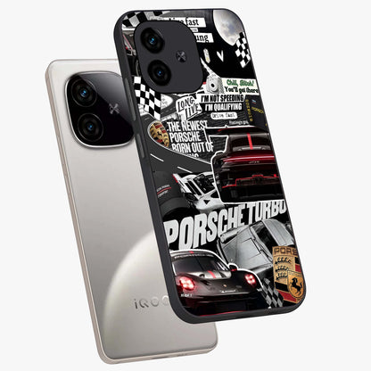 Porsche Racing Collage Glass Case displayed in angled mockup highlighting dynamic automotive design with bold racing aesthetic.