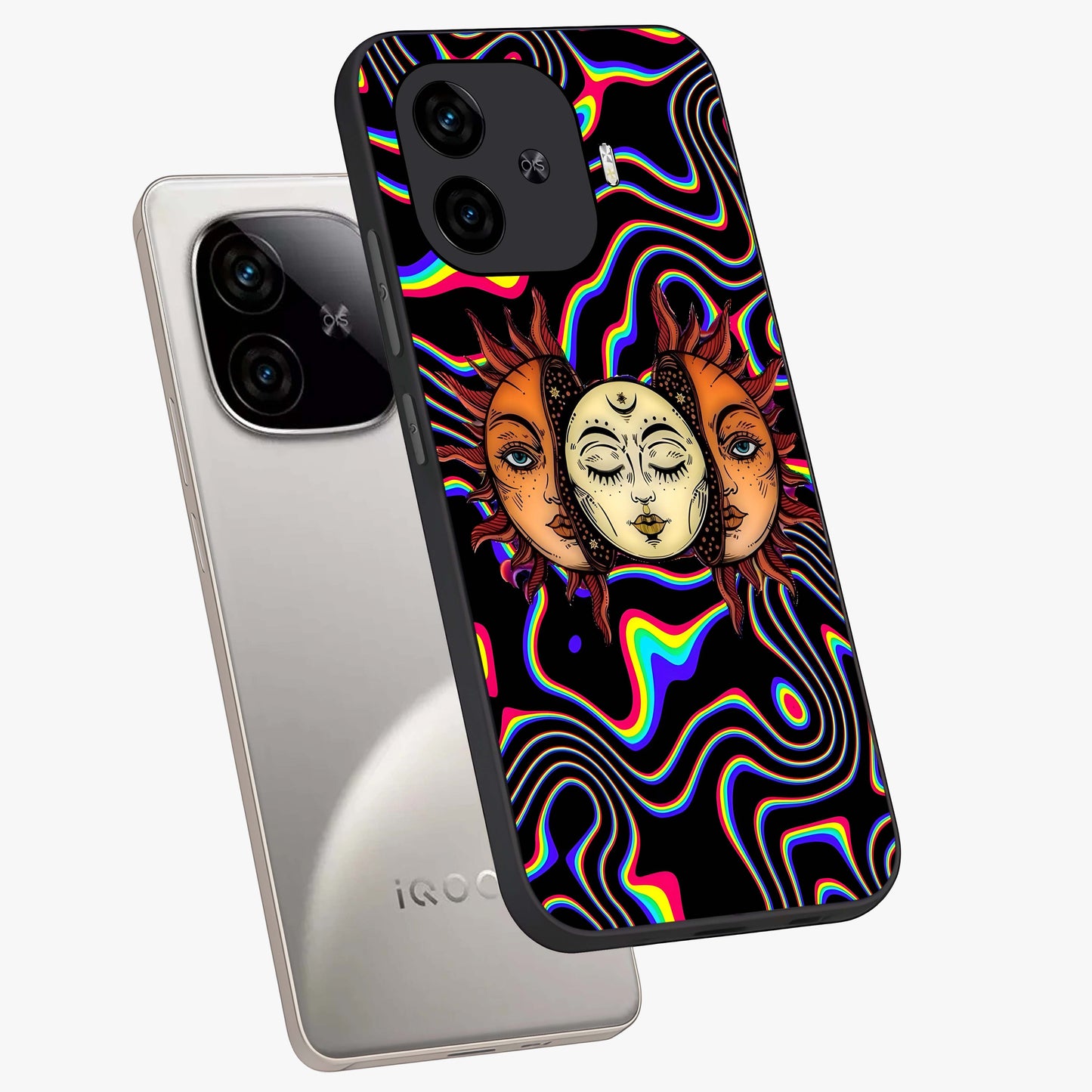 Psychedelic Sun Glass Case displayed in angled mockup highlighting vibrant abstract sun design with artistic aesthetic style.