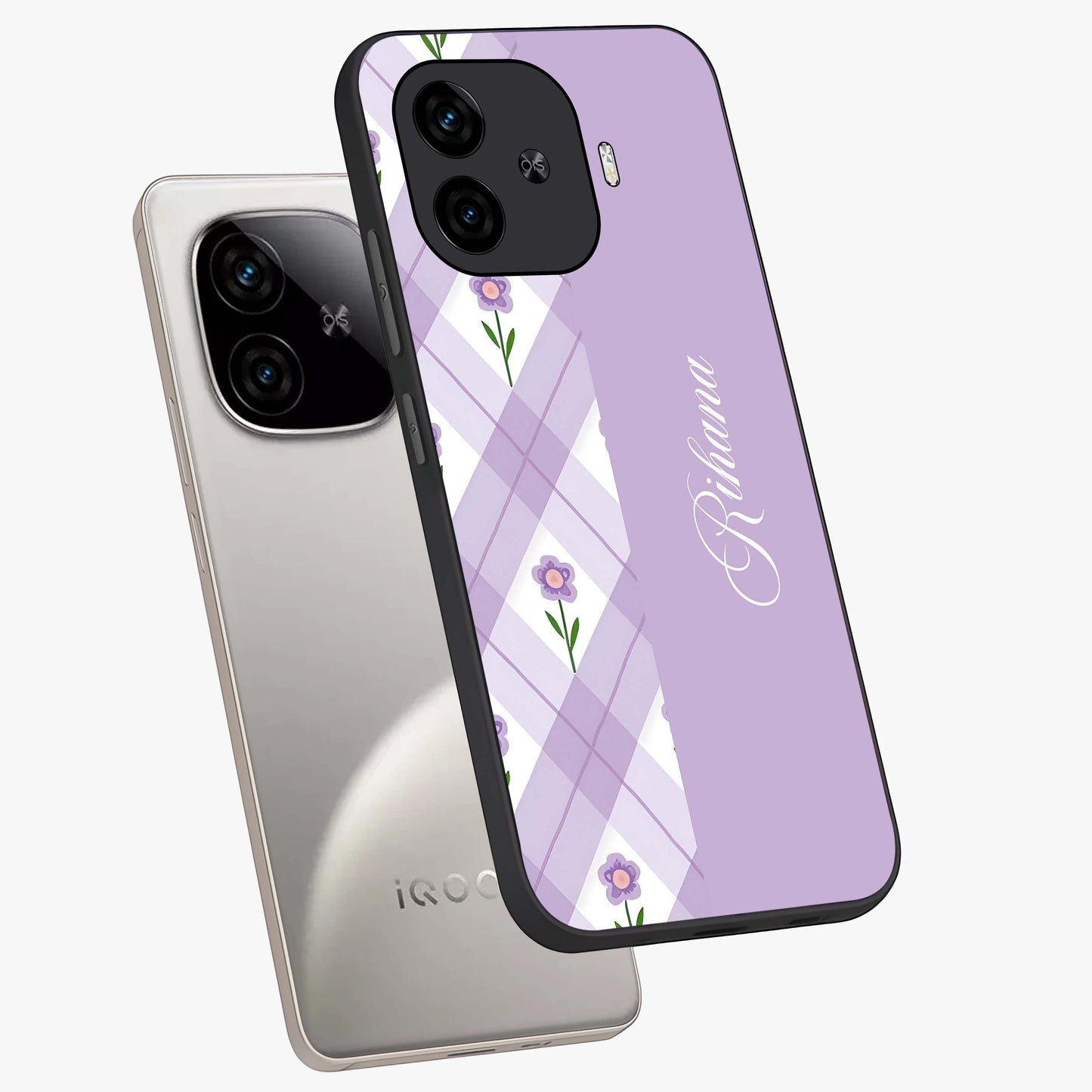 Purple Diamond Floral Glass Case displayed in angled mockup highlighting elegant purple flower design with decorative pattern.
