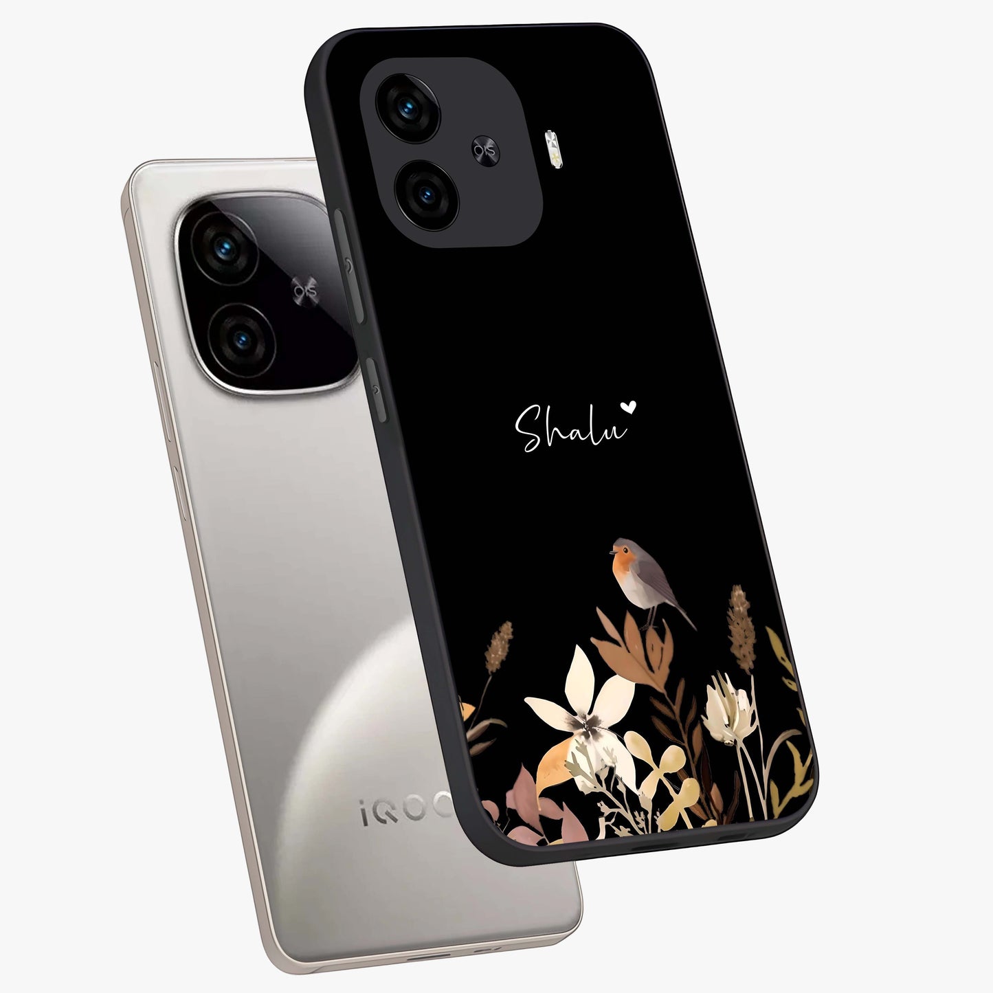 Quiet Garden Tune Custom Name Glass Case displayed in angled mockup highlighting delicate floral garden design with custom name feature.