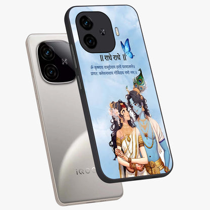 Radha Krishna Eternal Glass Case displayed in angled mockup highlighting divine Radha Krishna illustration with spiritual aesthetic.