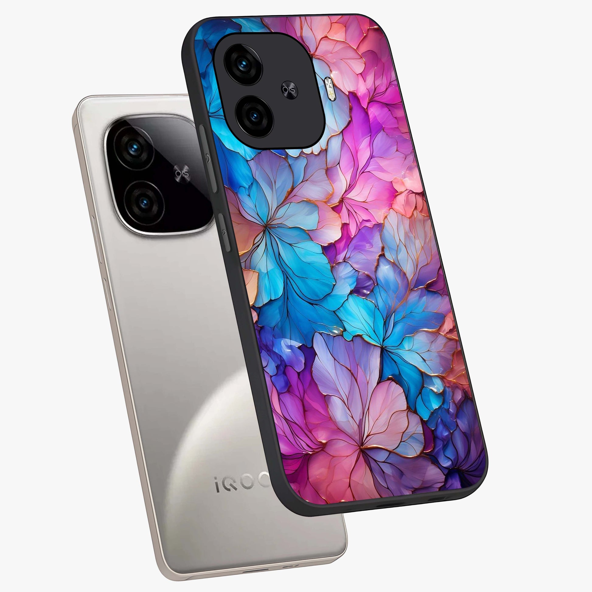 Radiant Floral Whirl Glass Case displayed in angled mockup highlighting vibrant flower pattern with dynamic artistic aesthetic.