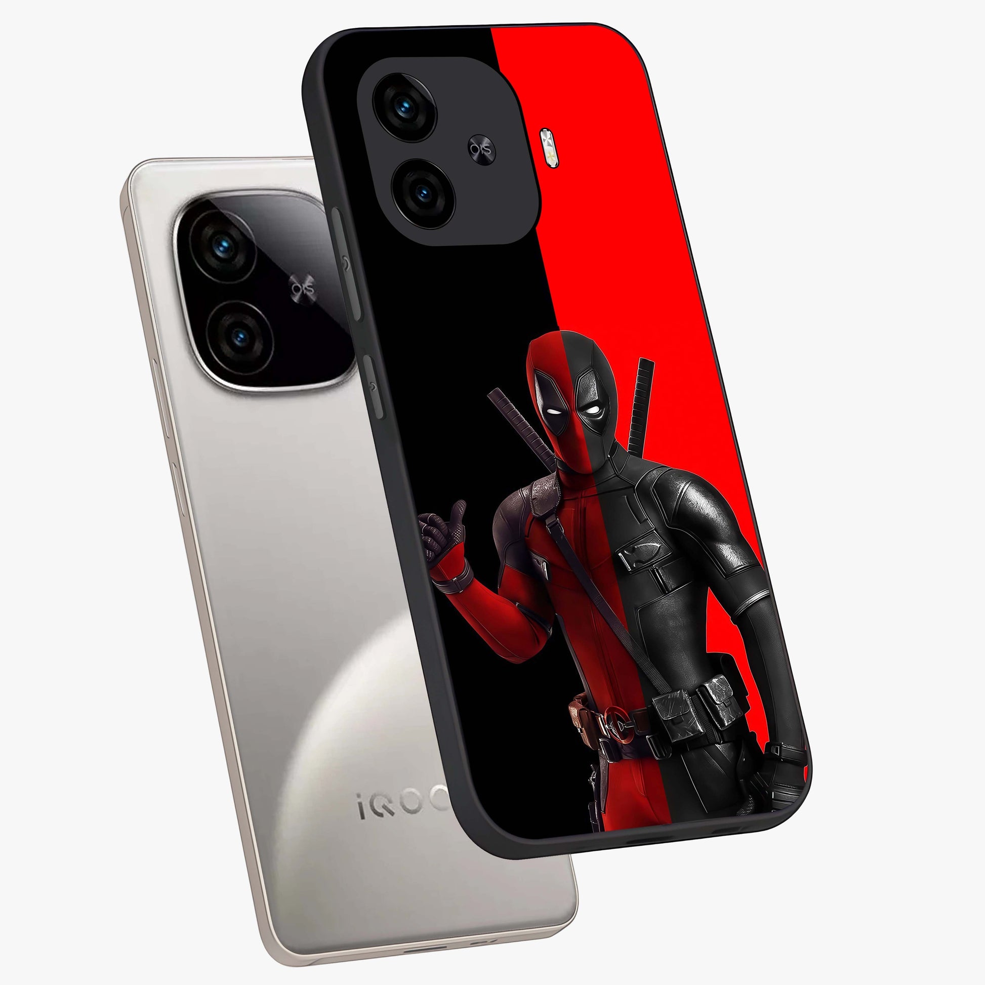Red & Black Deadpool Theme Glass Case displayed in angled mockup highlighting vibrant superhero style illustration with action aesthetic.