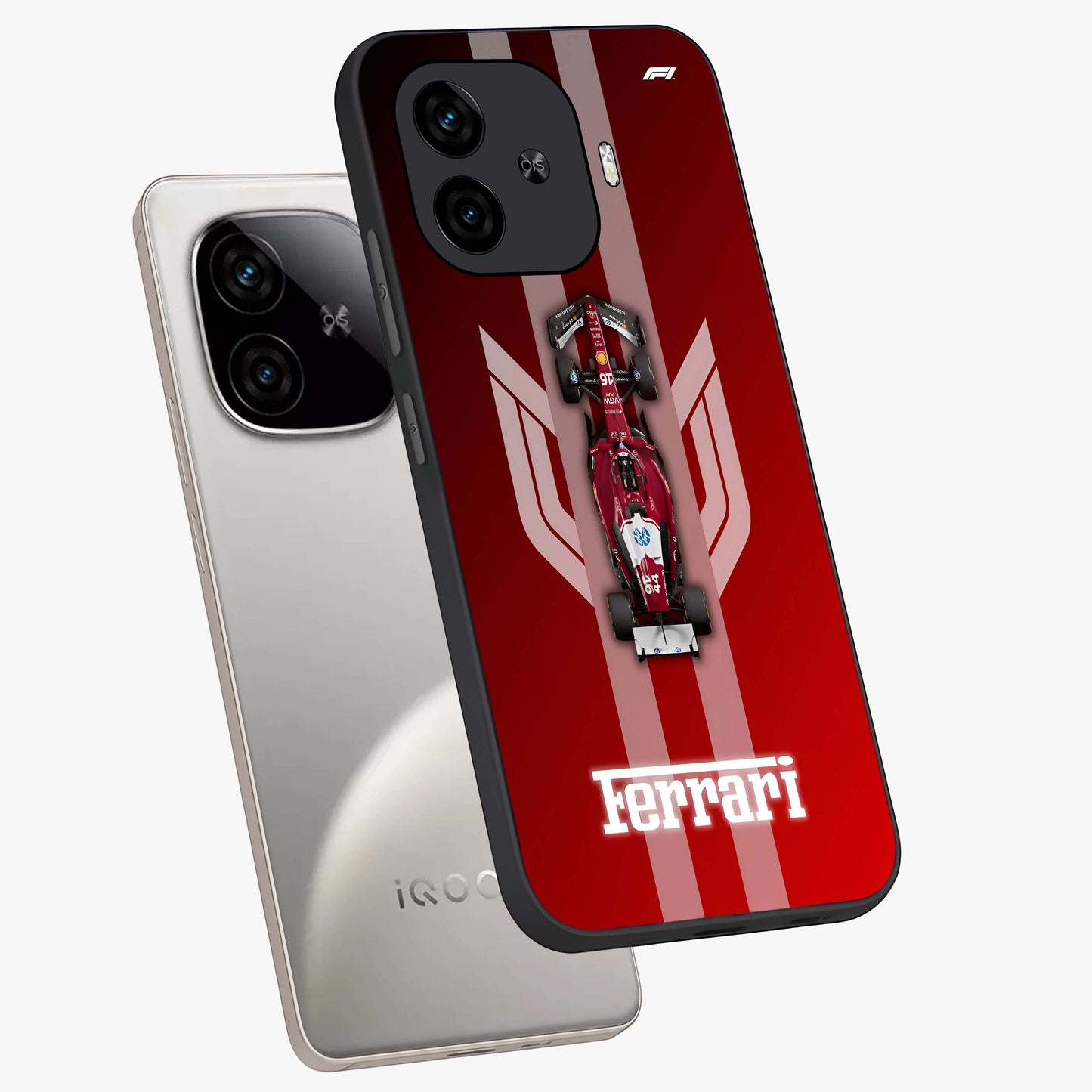 Red Ferrari F1 Vertical Glass Case displayed in angled mockup highlighting high speed racing design with bold automotive aesthetic.