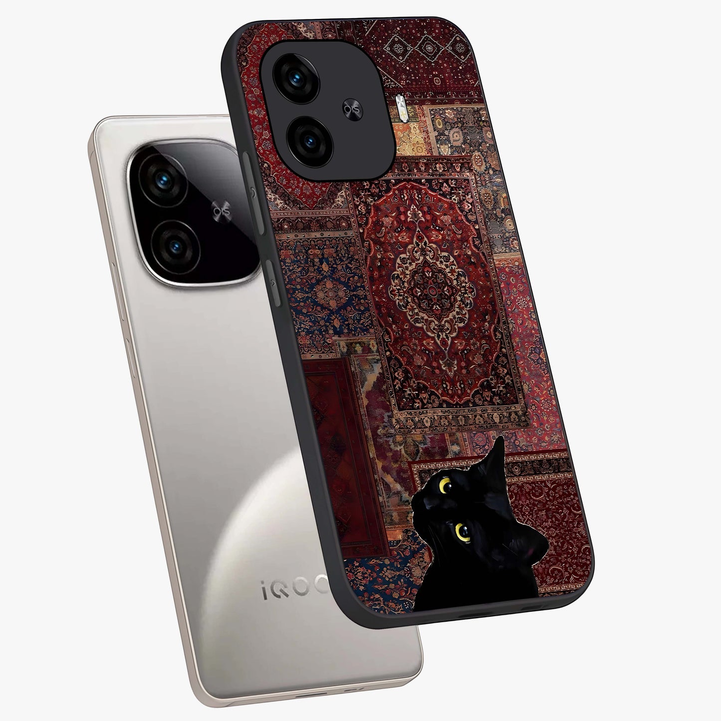 Regal Magic Cat Apple Glass Case displayed in angled mockup highlighting whimsical feline design with fantasy aesthetic.