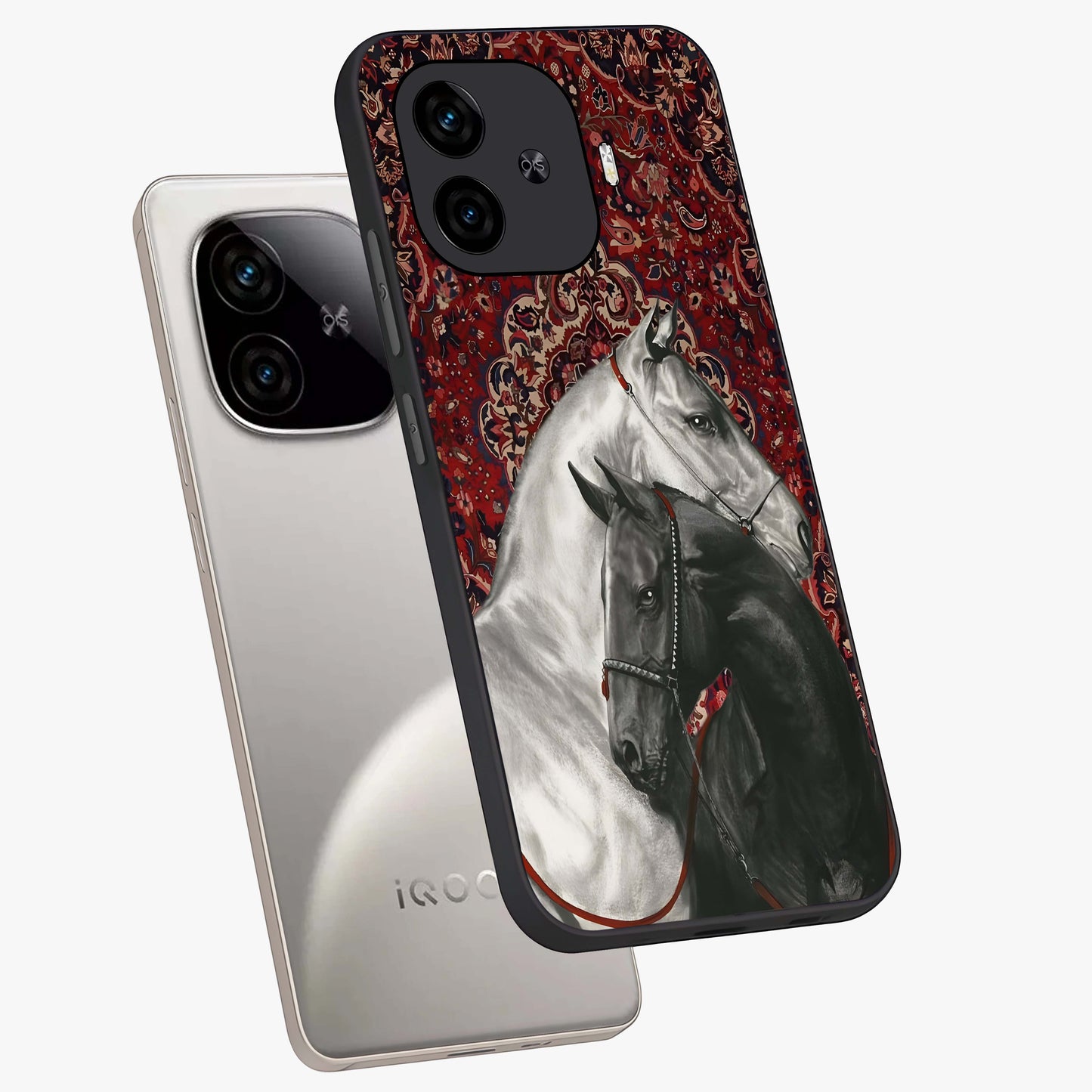 Regal Stallion Tapestry Glass Case displayed in angled mockup highlighting royal stallion design with decorative heritage aesthetic.