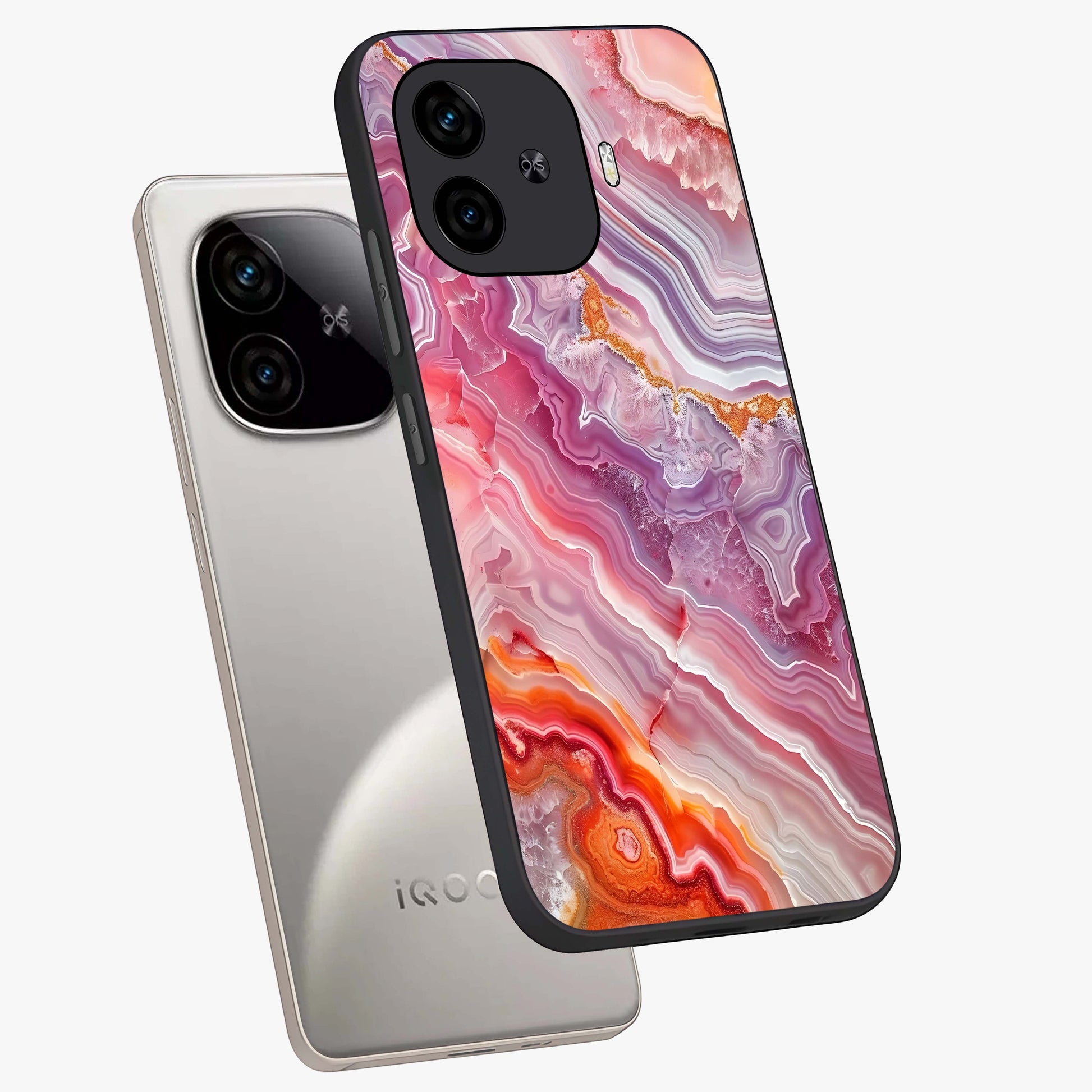 Rose Quartz Marble Glass Case displayed in angled mockup highlighting elegant marble pattern with soft aesthetic style.