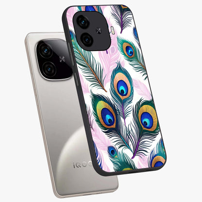Royal Peacock Feathers Glass Case displayed in angled mockup highlighting vibrant feather pattern with regal aesthetic style.
