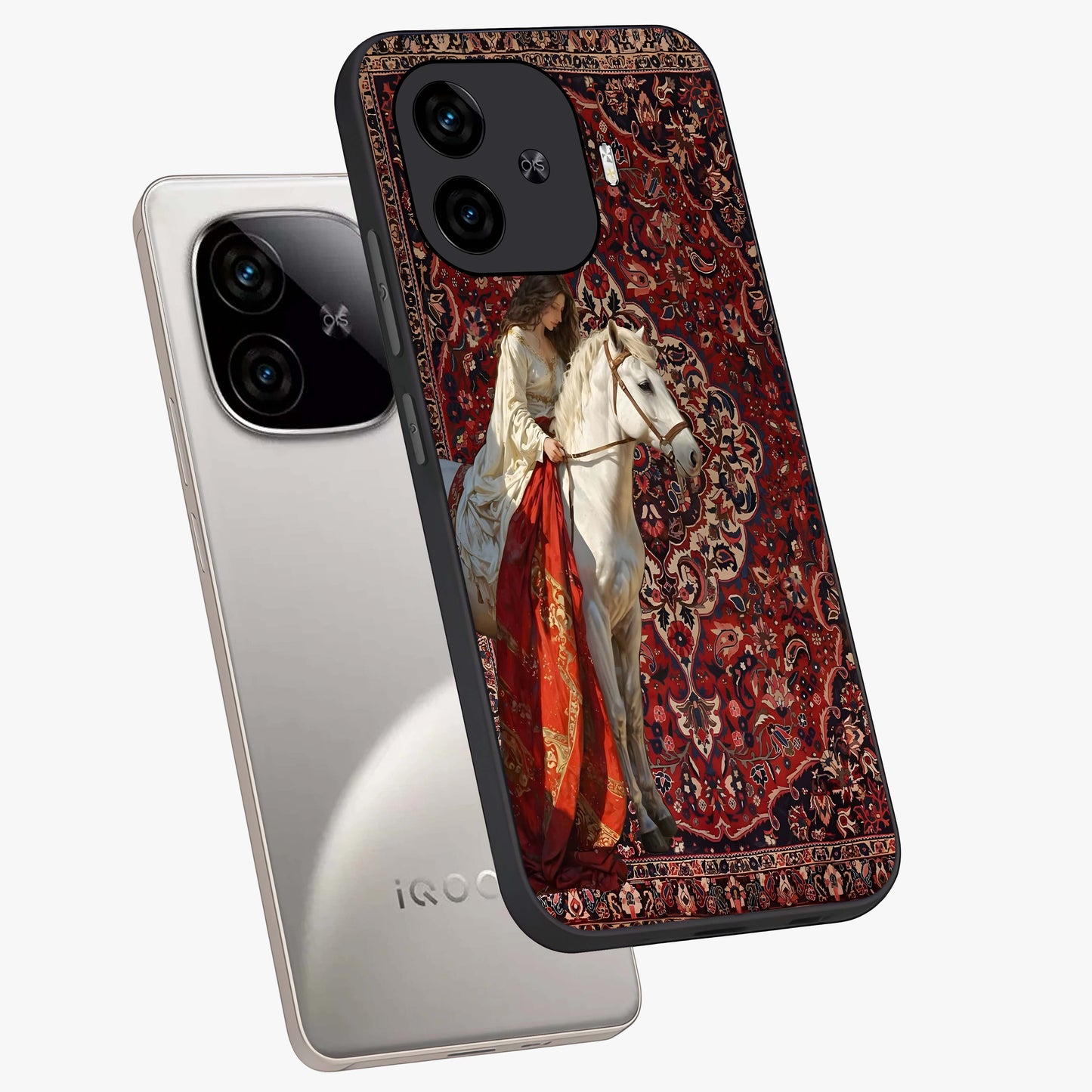 Royal Rider Tapestry Glass Case displayed in angled mockup highlighting traditional tapestry design with royal heritage aesthetic.