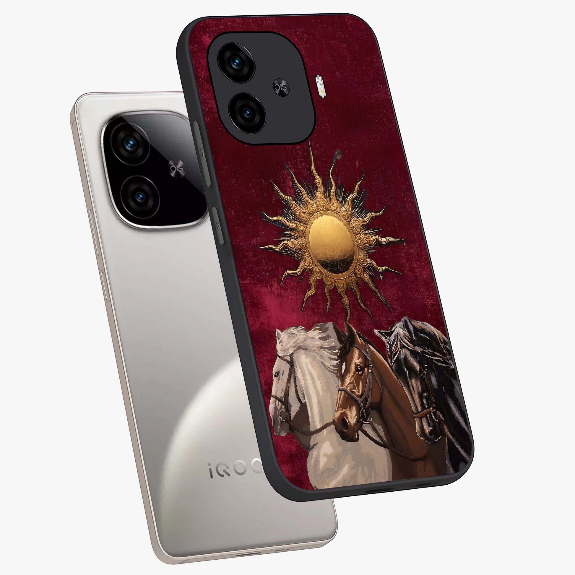 Solar Riders Glass Case displayed in angled mockup highlighting powerful rider illustration with radiant solar aesthetic.