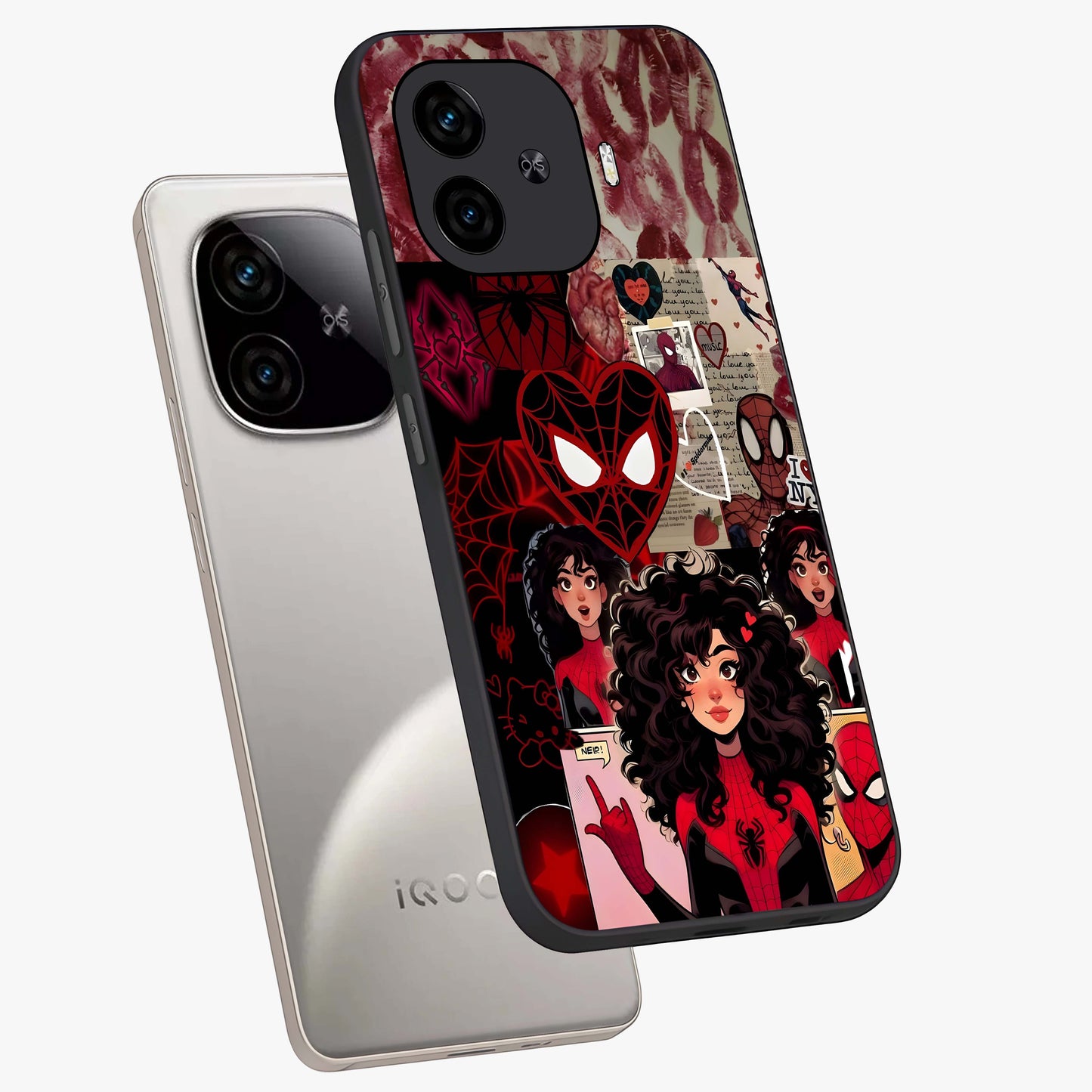 Spider Love Story Glass Case displayed in angled mockup highlighting expressive comic inspired design with playful aesthetic.