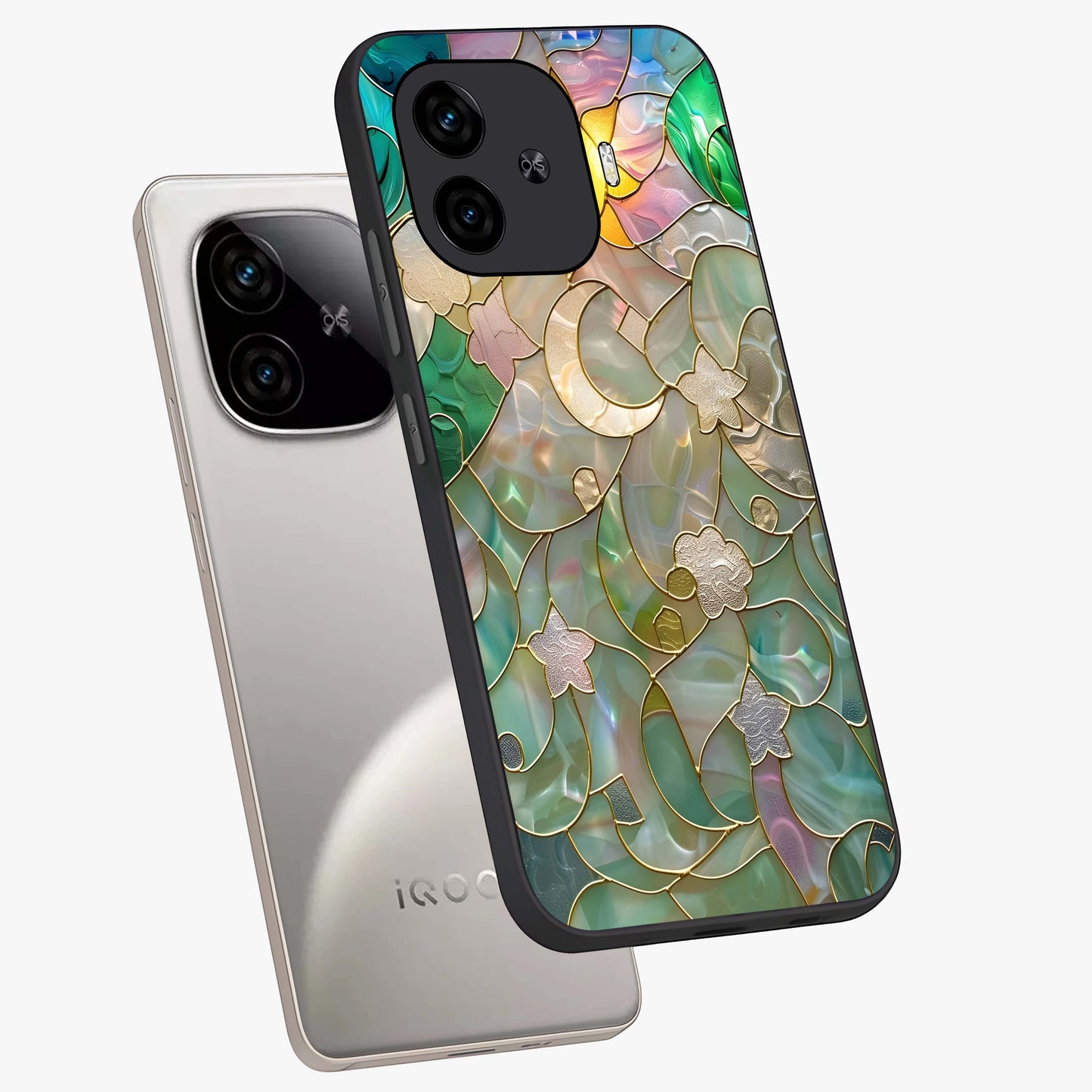 Stained Sunrise Glow Glass Case displayed in angled mockup highlighting radiant sunrise design with artistic aesthetic style.