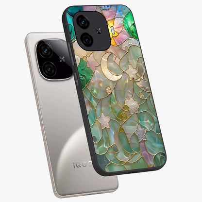 Stained Sunrise Glow Glass Case displayed in angled mockup highlighting radiant sunrise design with artistic aesthetic style.