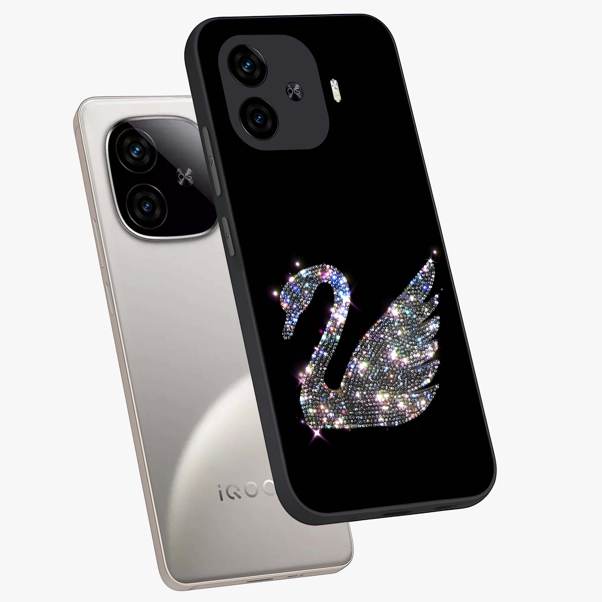 Starlit Swan Grace Glass Case displayed in angled mockup highlighting elegant swan illustration with dreamy celestial aesthetic.