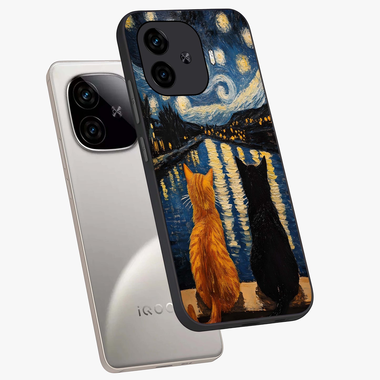 Starry River Cats Glass Case displayed in angled mockup highlighting charming feline illustration with dreamy night aesthetic.
