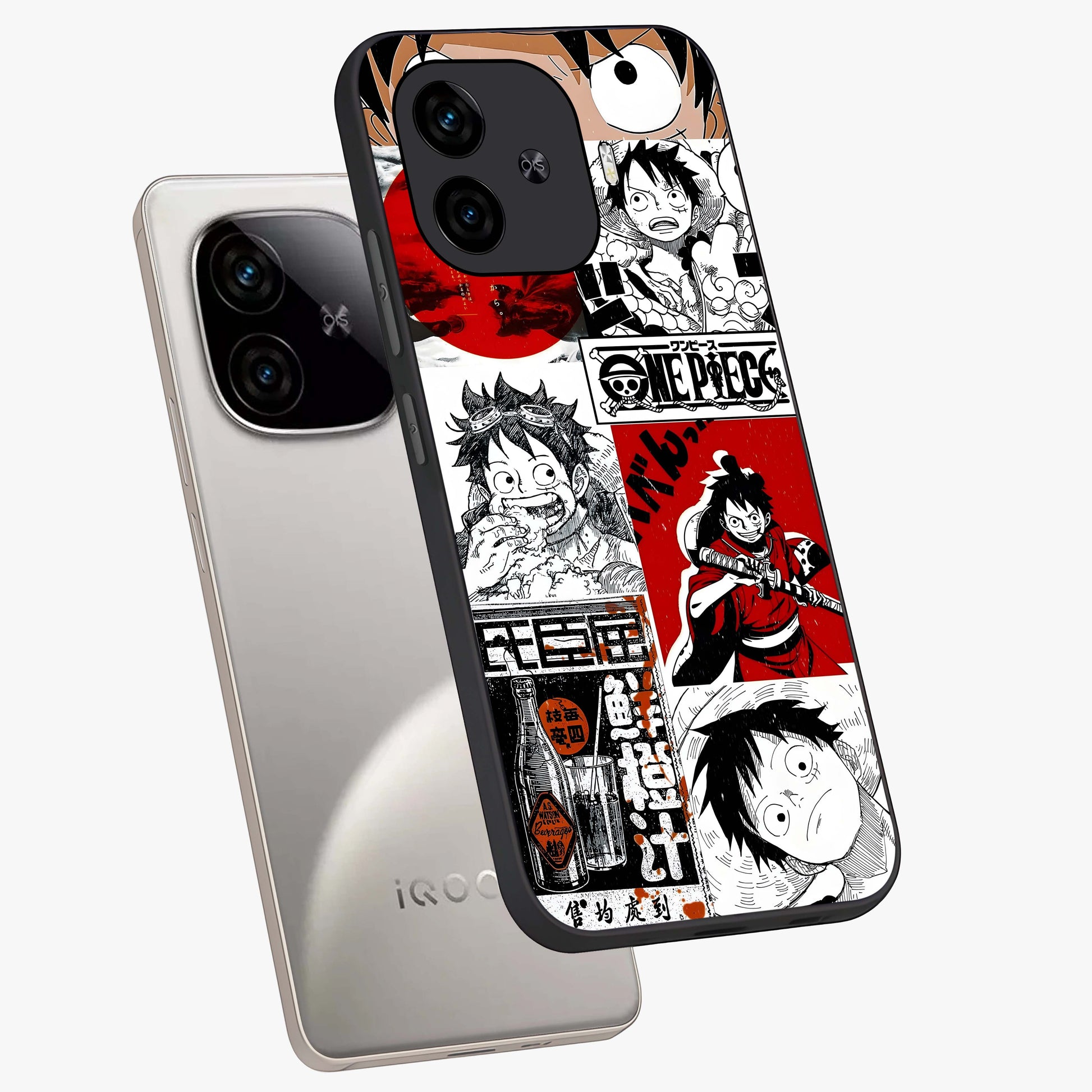 Strawhat Chaos Panels Glass Case displayed in angled mockup highlighting vibrant anime collage design with action aesthetic.