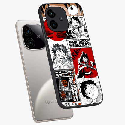 Strawhat Chaos Panels Glass Case displayed in angled mockup highlighting vibrant anime collage design with action aesthetic.