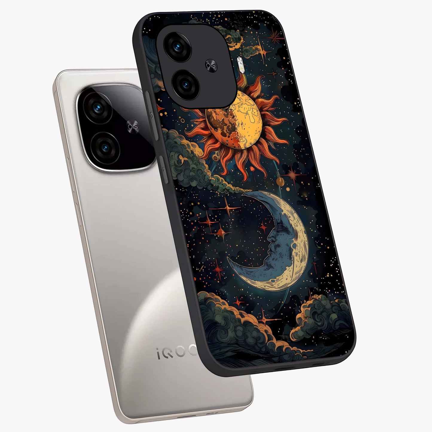 Sun And Moon Magic Design Glass Case displayed in angled mockup highlighting celestial design with magical cosmic aesthetic.