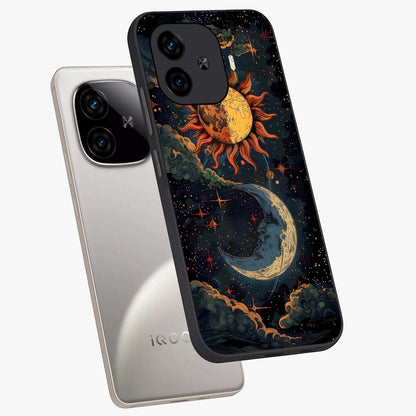 Sun And Moon Magic Design Glass Case displayed in angled mockup highlighting celestial design with magical cosmic aesthetic.