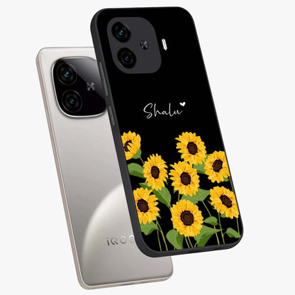 Sunflower Chic Mood Custom Name Glass Case displayed in angled mockup highlighting vibrant sunflower design with custom name feature.