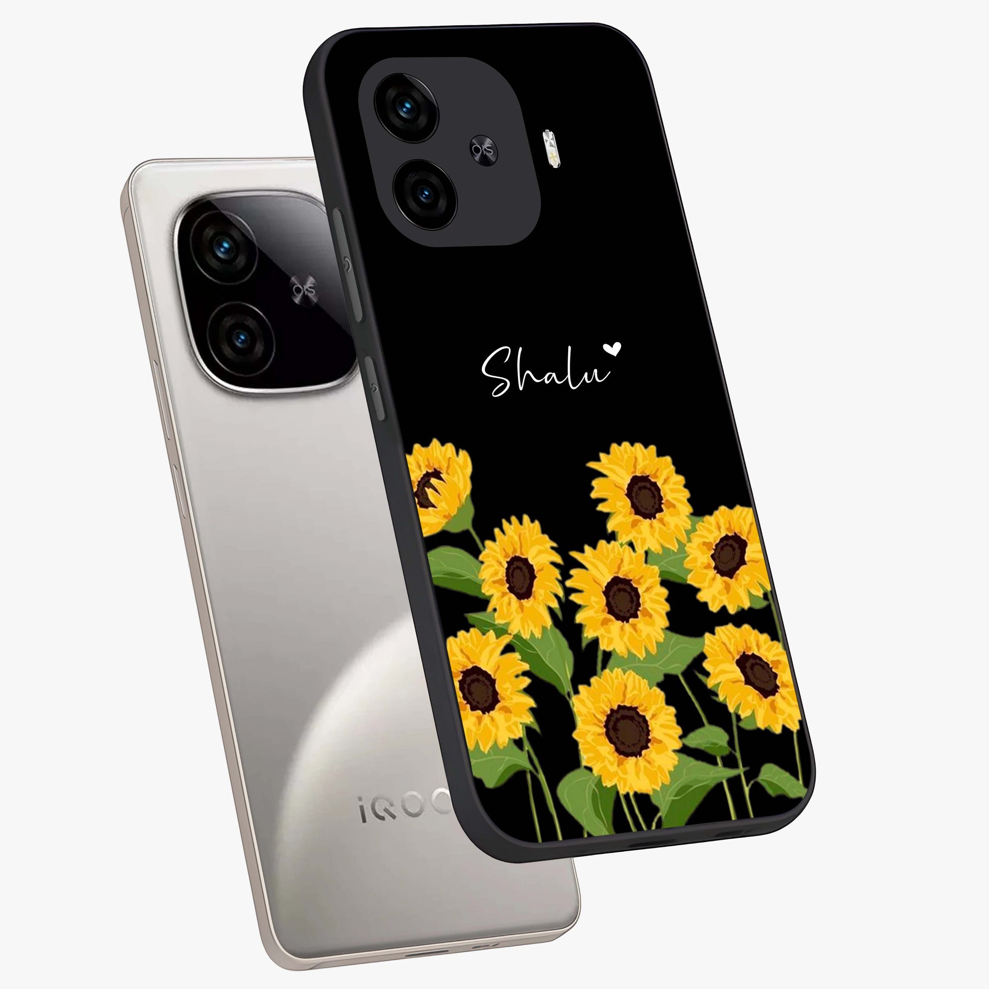 Sunflower Chic Mood Custom Name Glass Case displayed in angled mockup highlighting vibrant sunflower design with custom name feature.