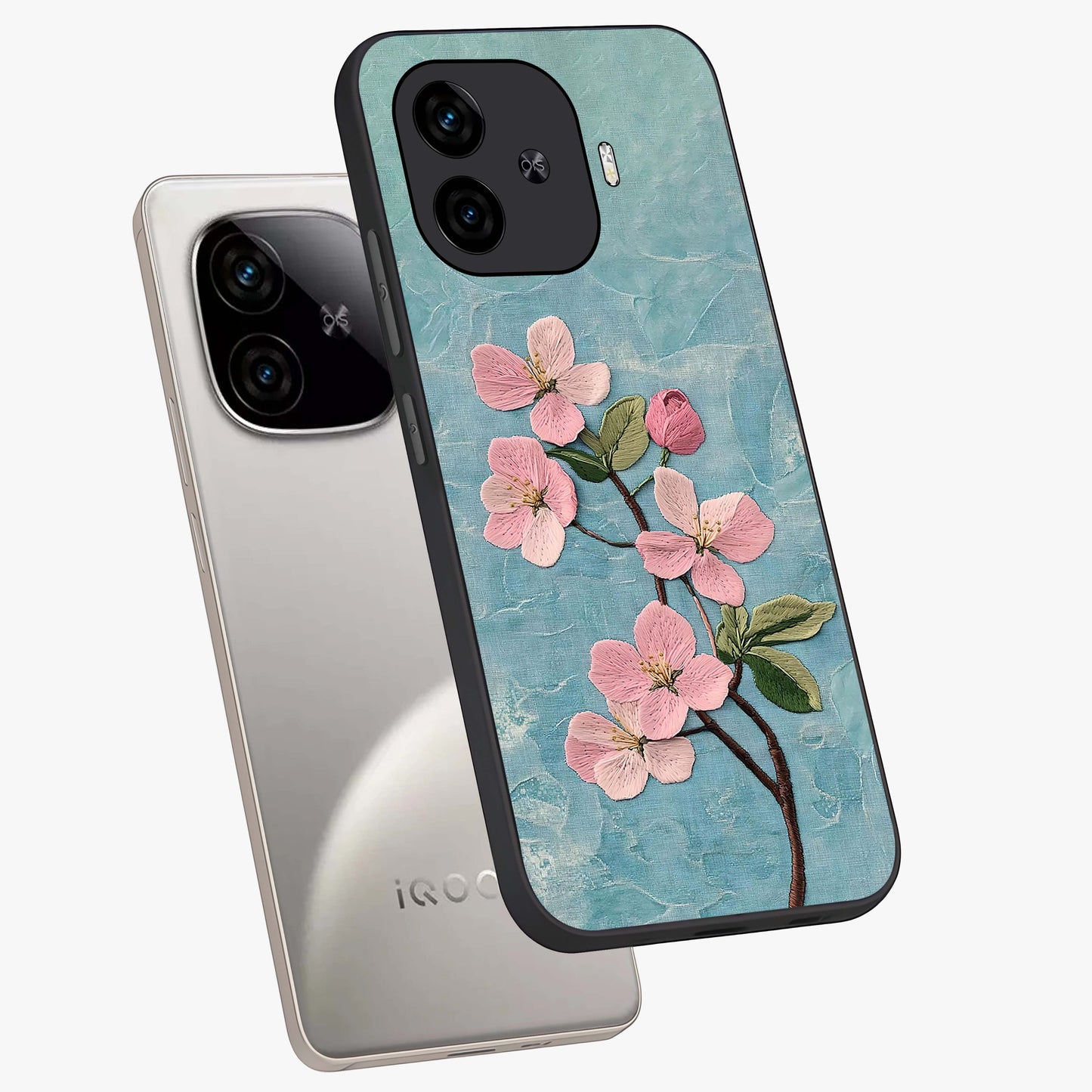 Threaded Blossom Breeze Glass Case displayed in angled mockup highlighting elegant floral design with soft aesthetic style.